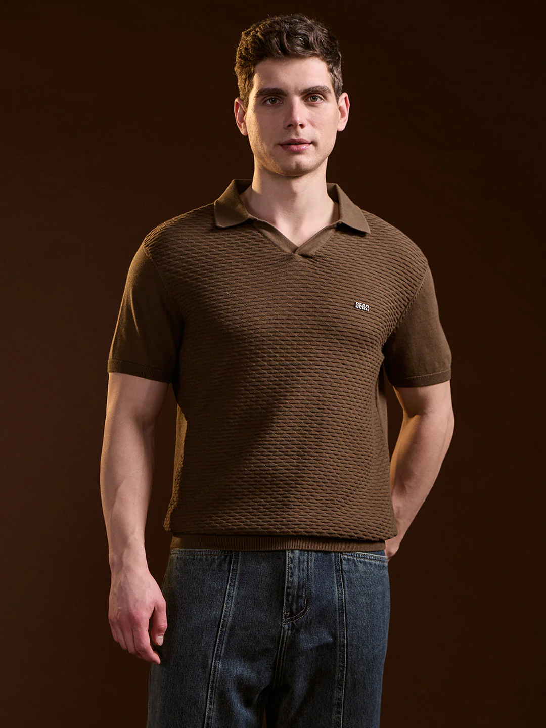 Men Brown Geometric textured Knit Slim Fit Polo - Image 6