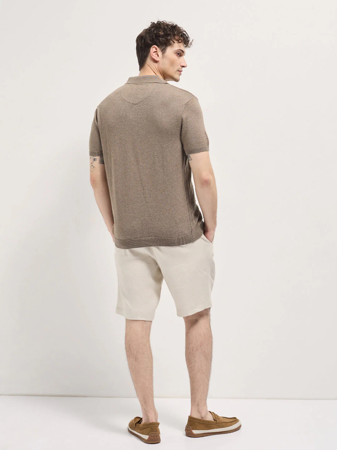 Men Brown Geometric textured Knit Slim Fit Polo - Image 2