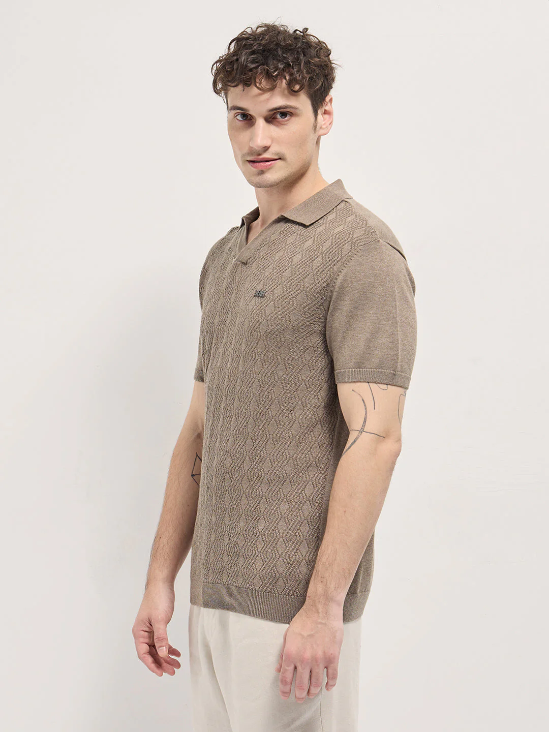 Men Brown Geometric textured Knit Slim Fit Polo - Image 3