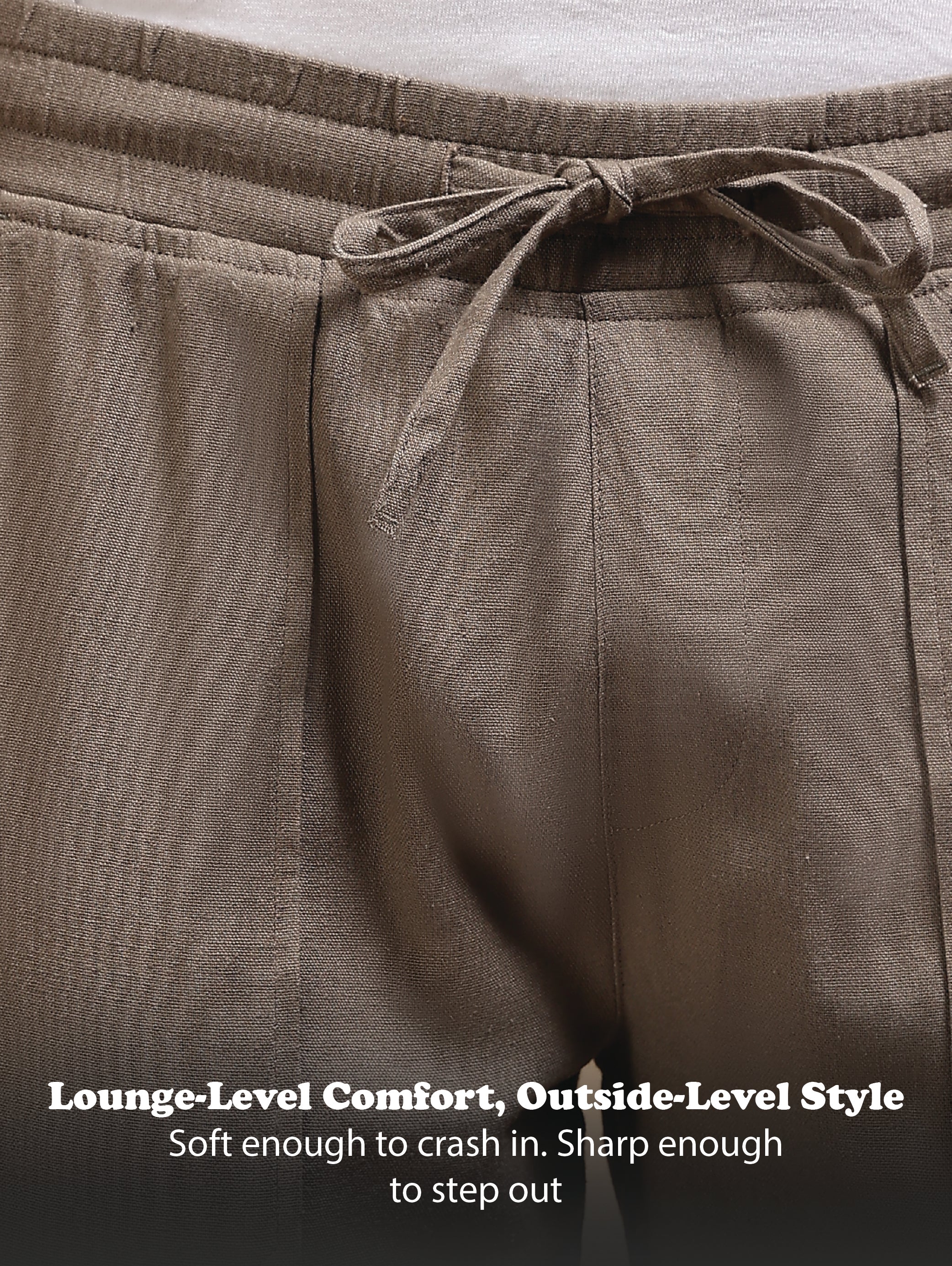 Men Brown Linen Blend Loose Fit Drawcord Trousers - Image 13