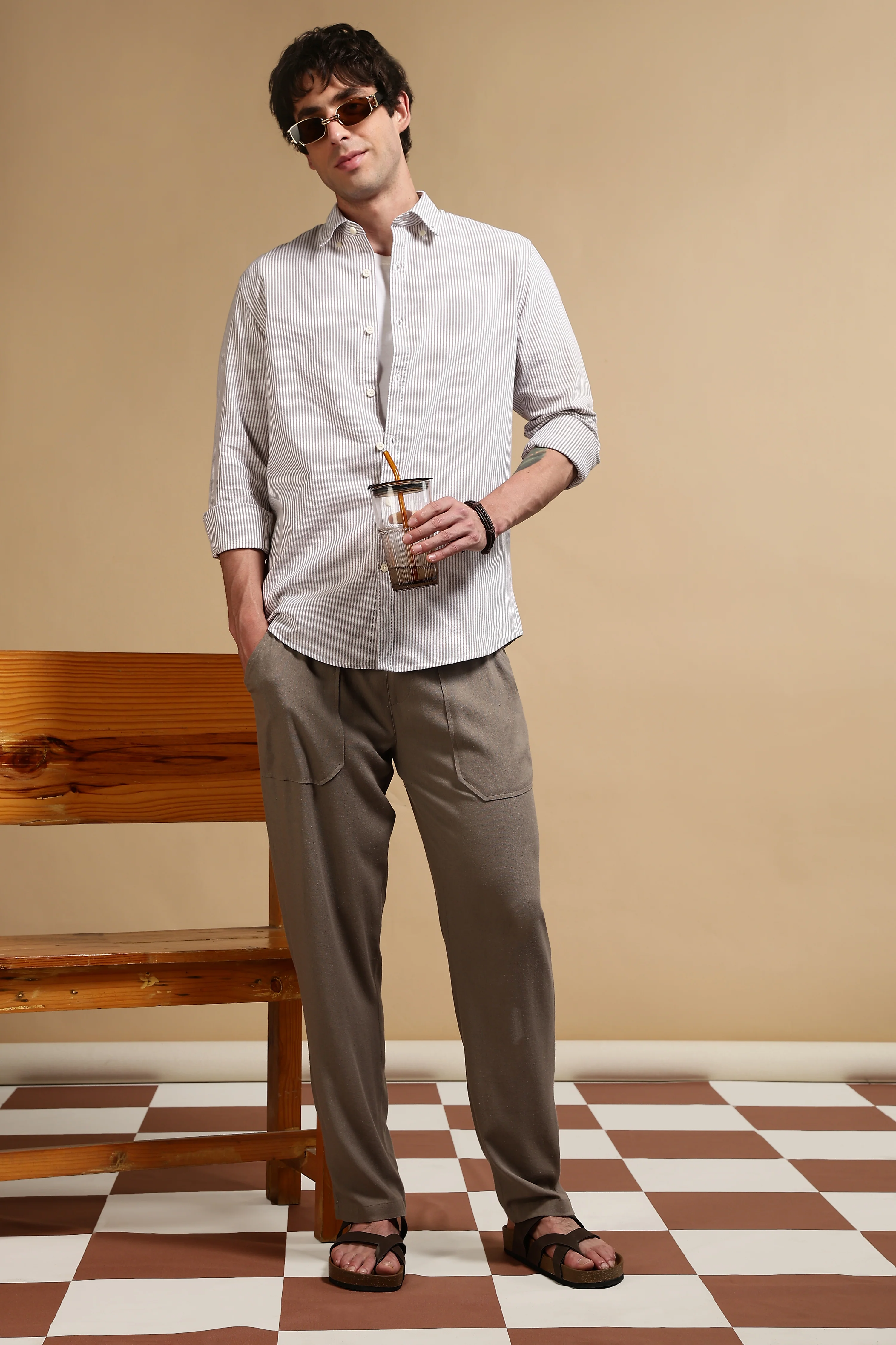 Men Brown Linen Blend Loose Fit Drawcord Trousers - Image 9