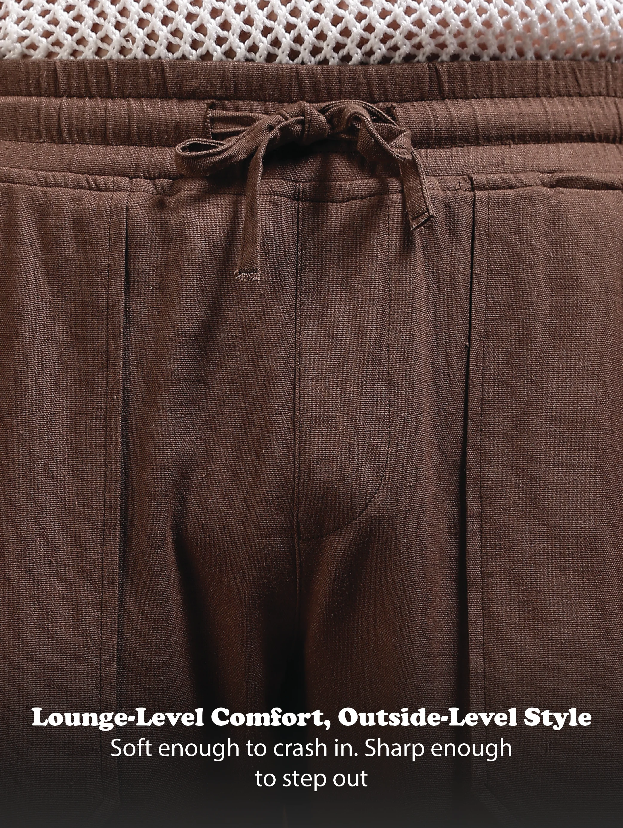 Men Brown Linen Blend Loose Fit Drawcord Trousers - Image 12