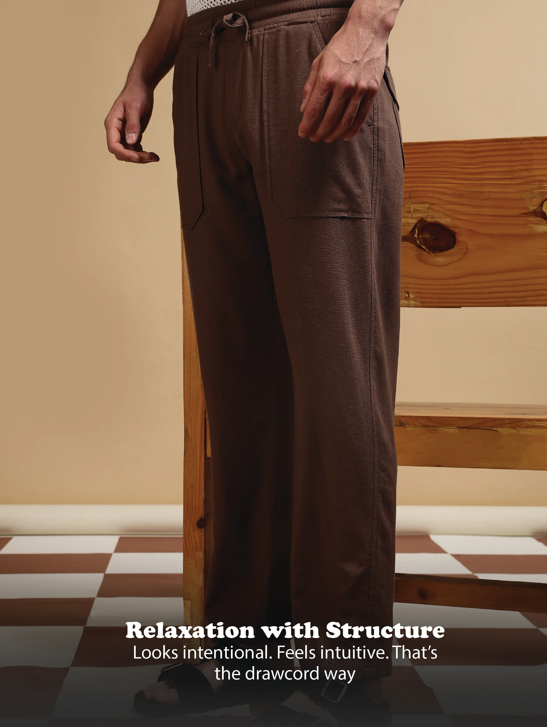 Men Brown Linen Blend Loose Fit Drawcord Trousers - Image 13