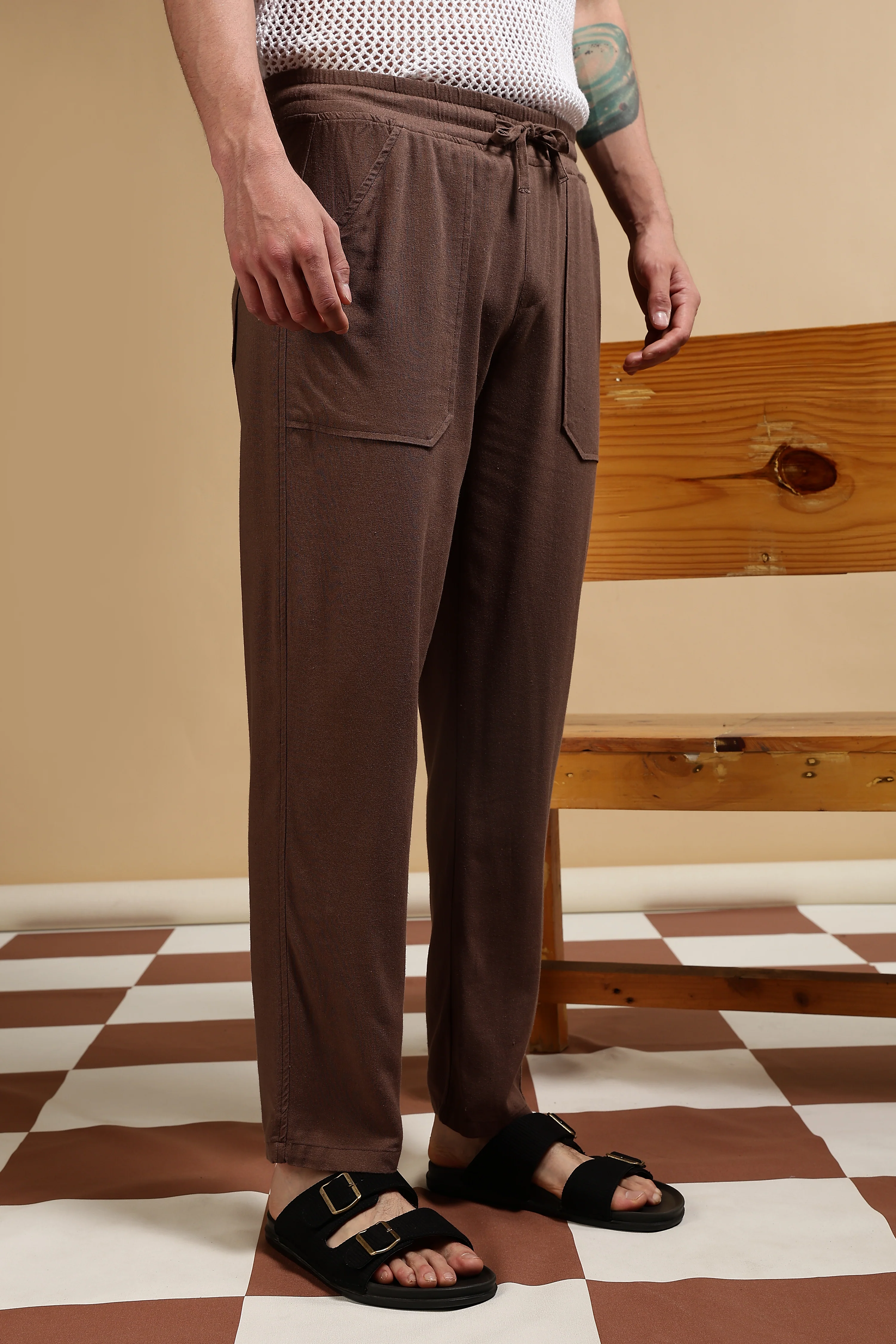 Men Brown Linen Blend Loose Fit Drawcord Trousers - Image 3