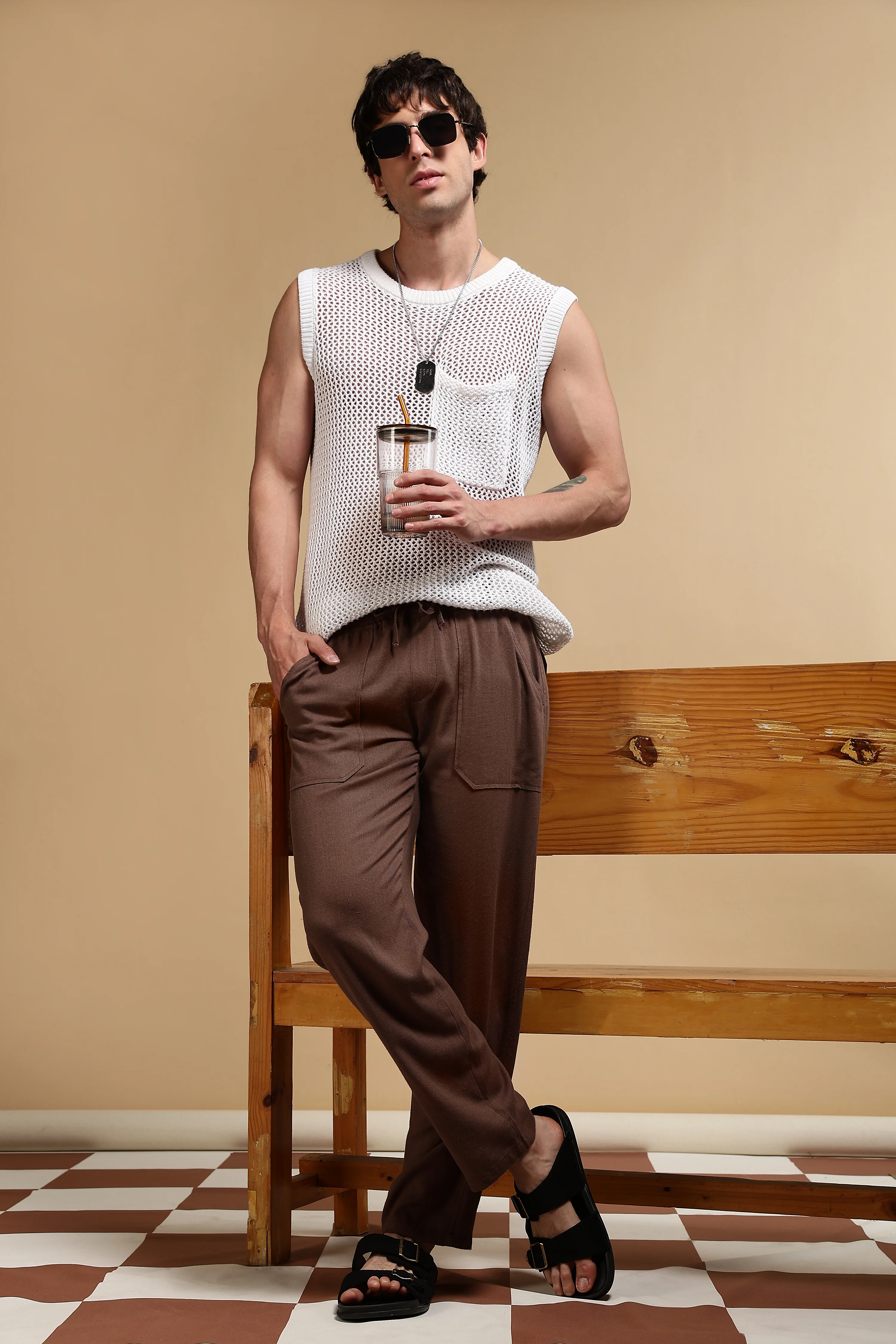 Men Brown Linen Blend Loose Fit Drawcord Trousers - Image 8