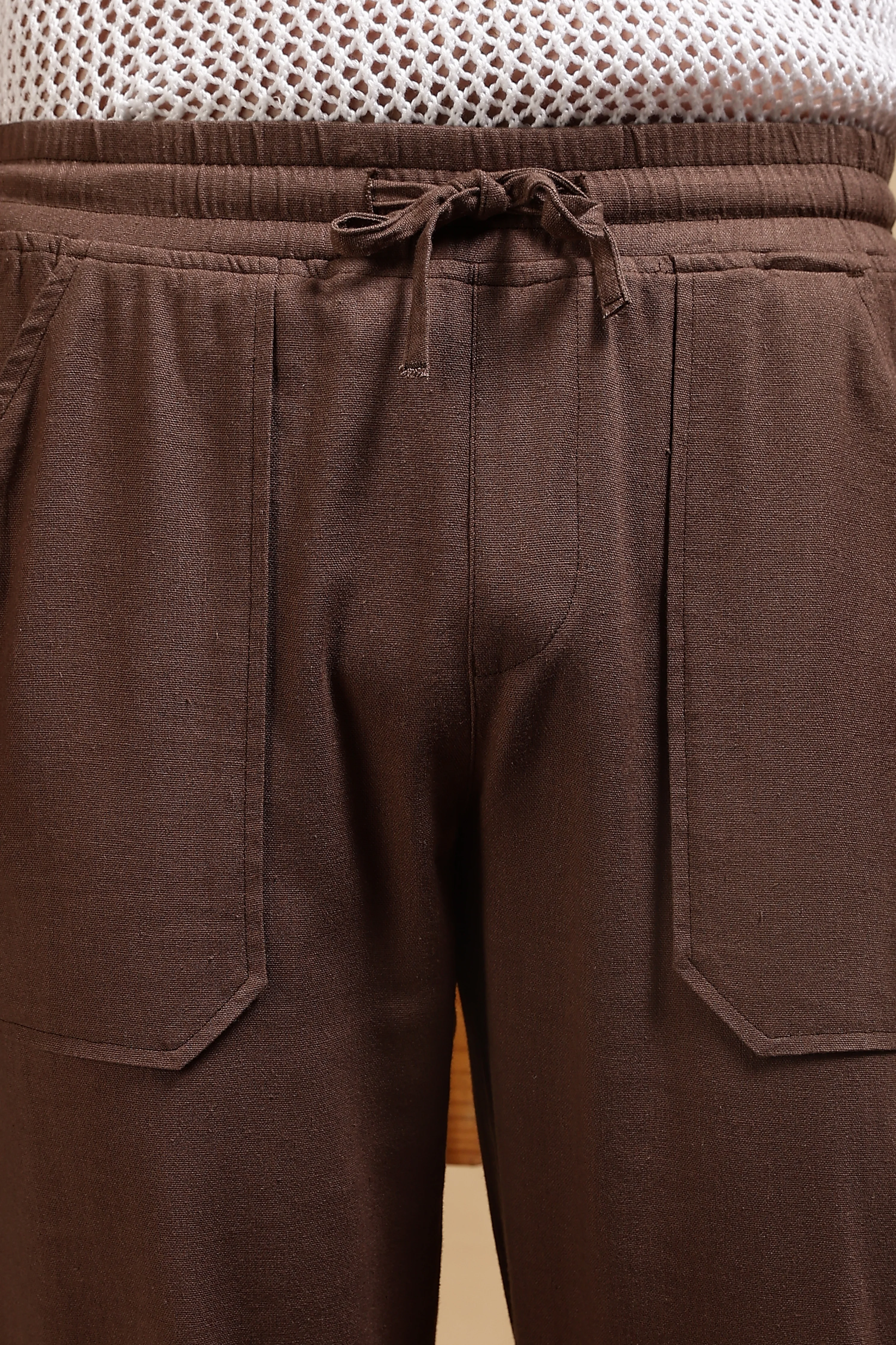 Men Brown Linen Blend Loose Fit Drawcord Trousers - Image 9