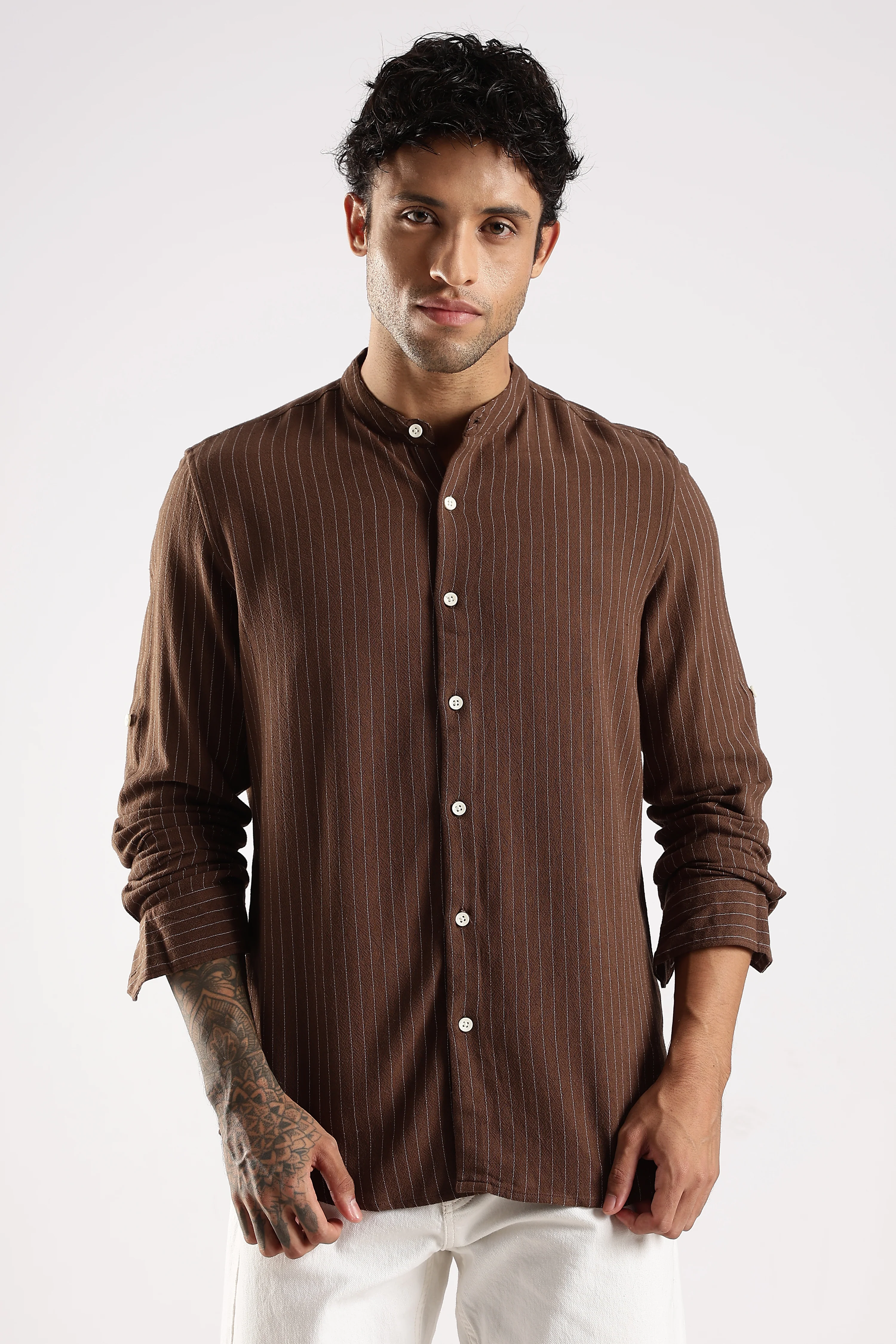 Men Brown Linen Blend Striped Shirt