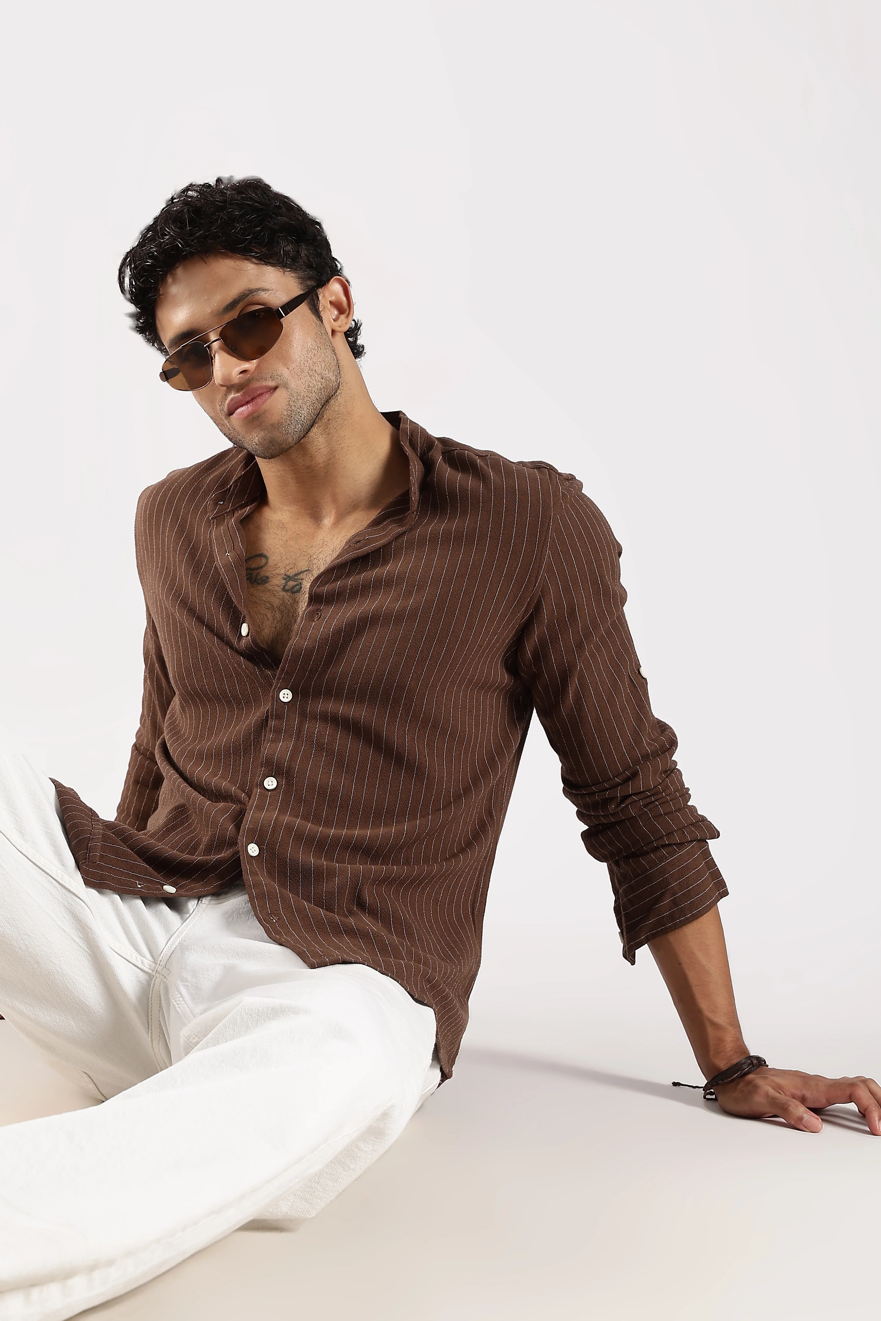 Men Brown Linen Blend Striped Shirt - Image 10