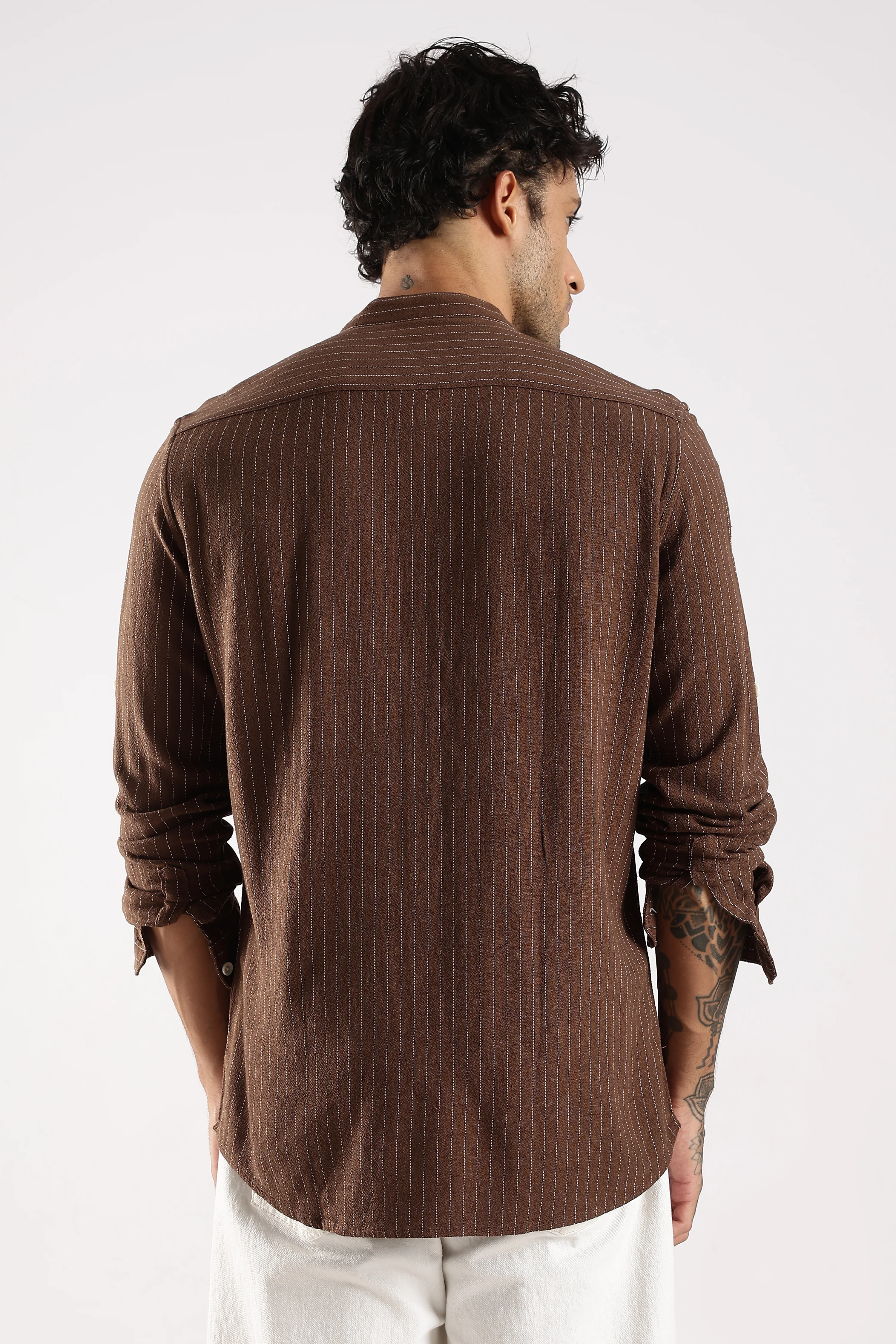 Men Brown Linen Blend Striped Shirt - Image 2
