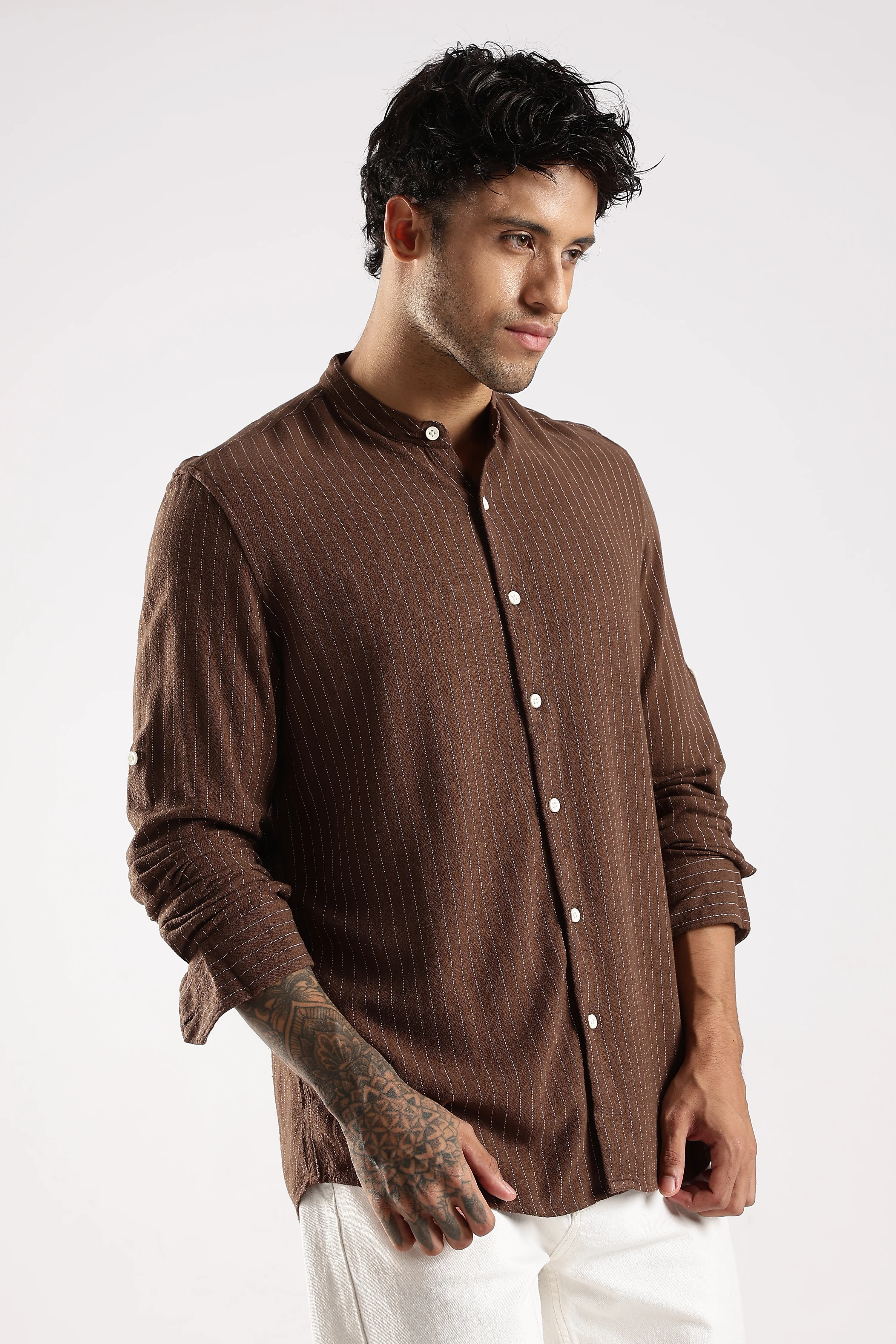 Men Brown Linen Blend Striped Shirt - Image 3