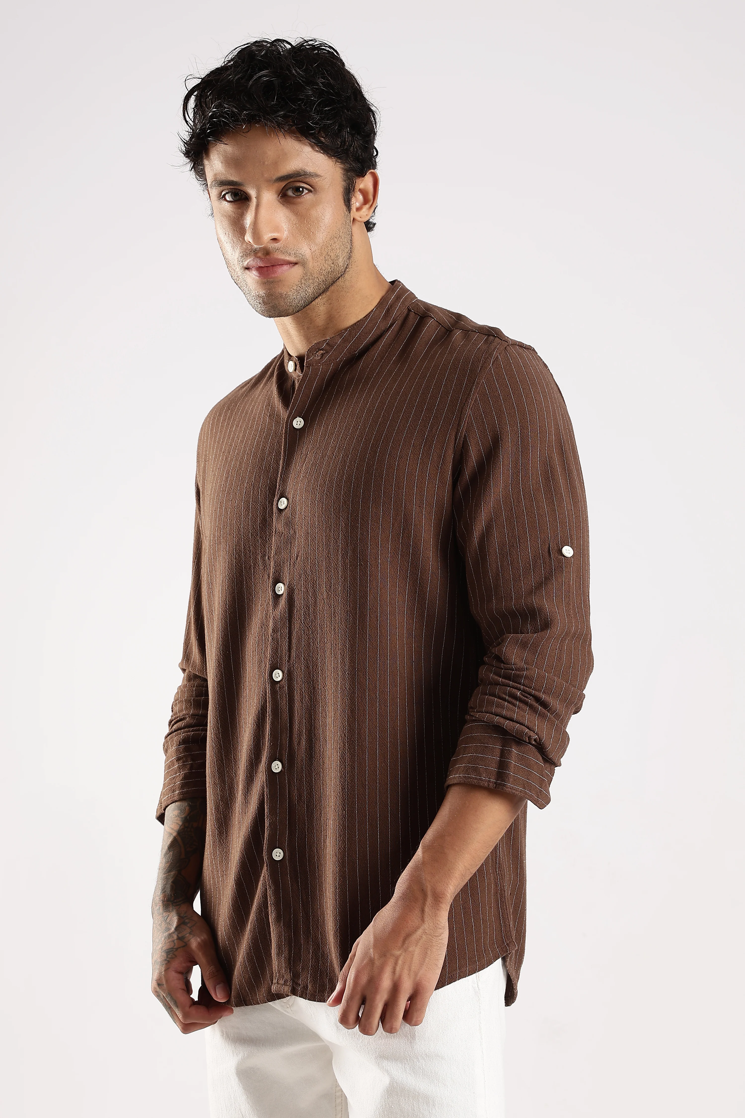 Men Brown Linen Blend Striped Shirt - Image 4