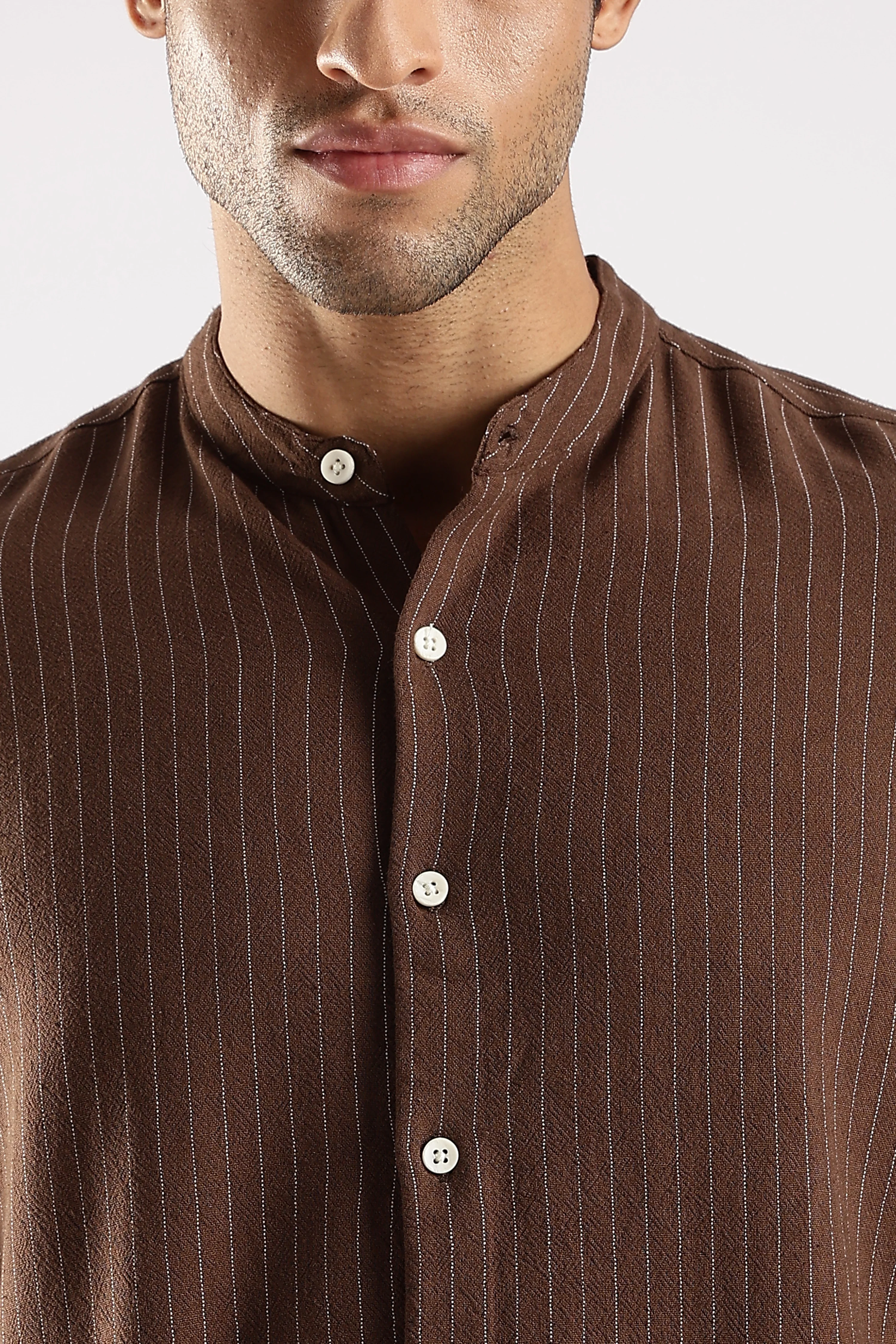 Men Brown Linen Blend Striped Shirt - Image 5