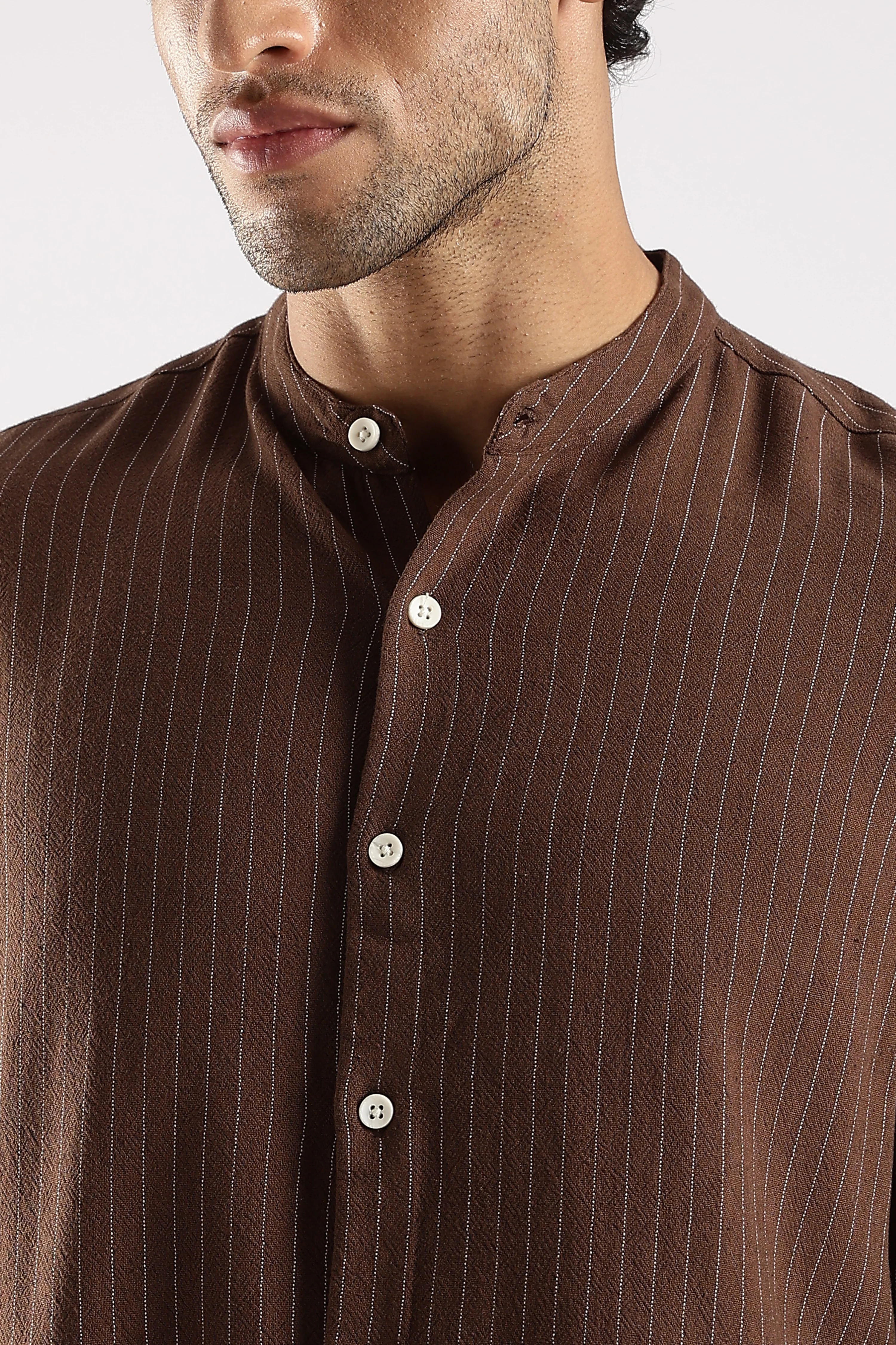 Men Brown Linen Blend Striped Shirt - Image 6