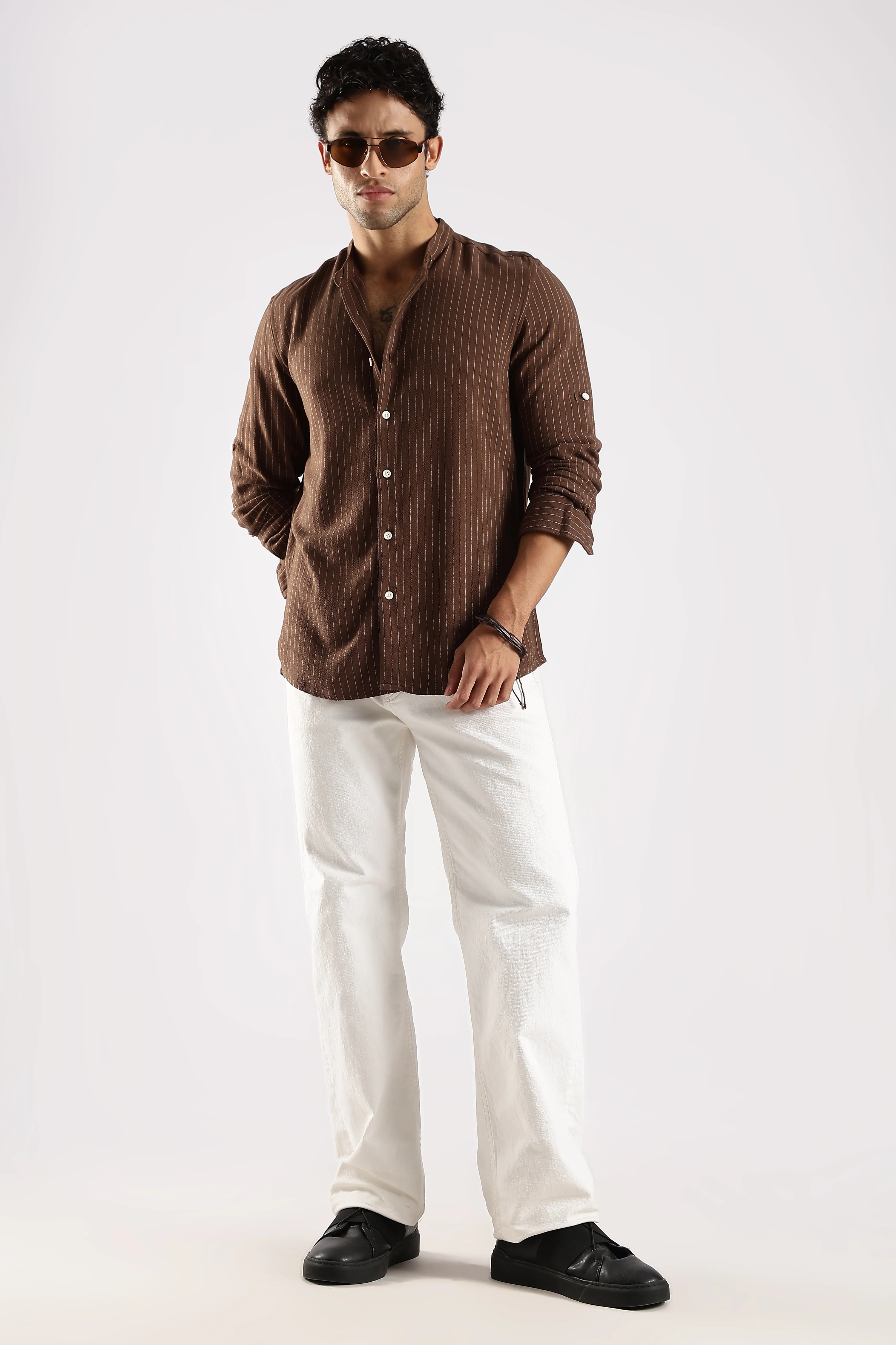 Men Brown Linen Blend Striped Shirt - Image 7