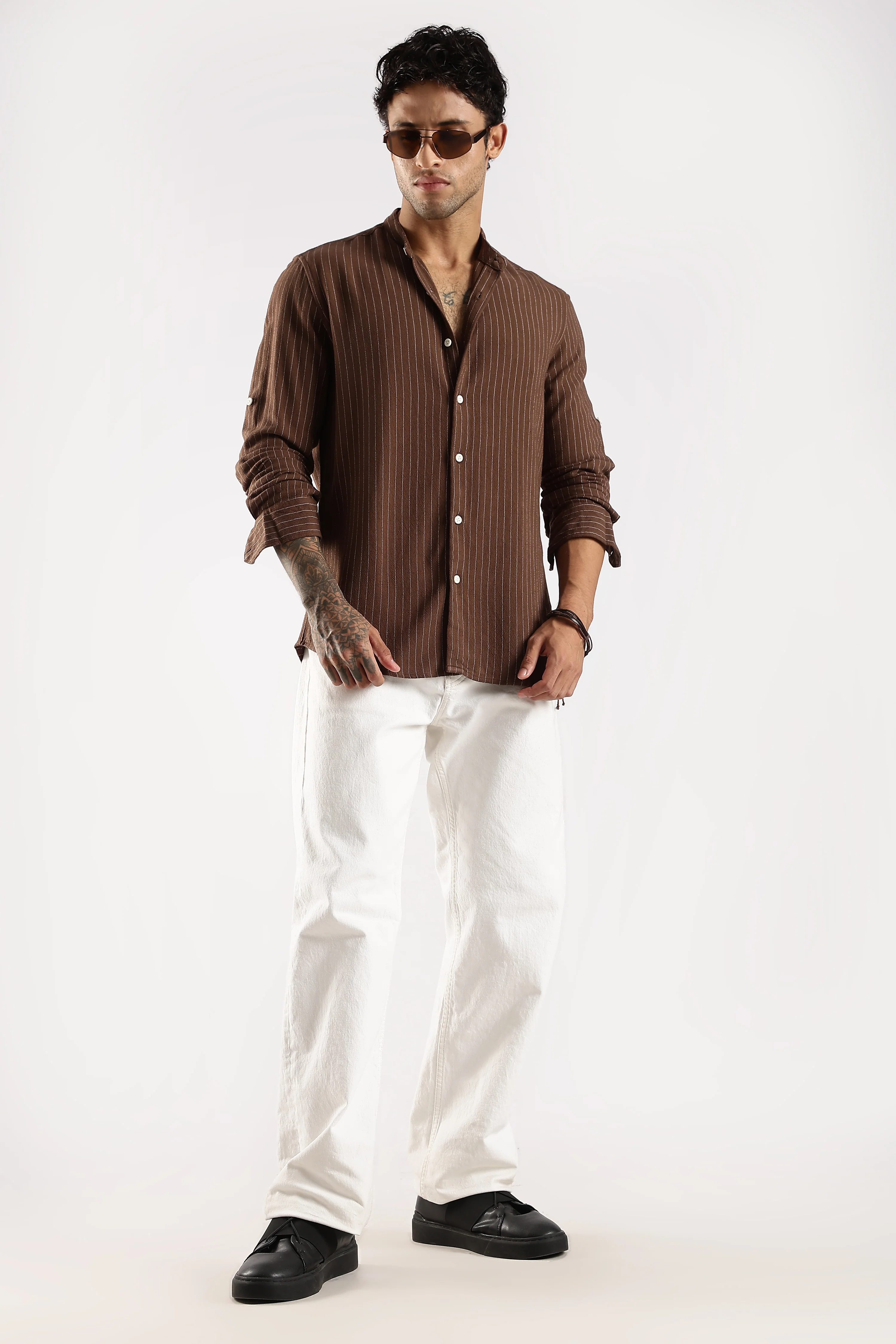 Men Brown Linen Blend Striped Shirt - Image 8