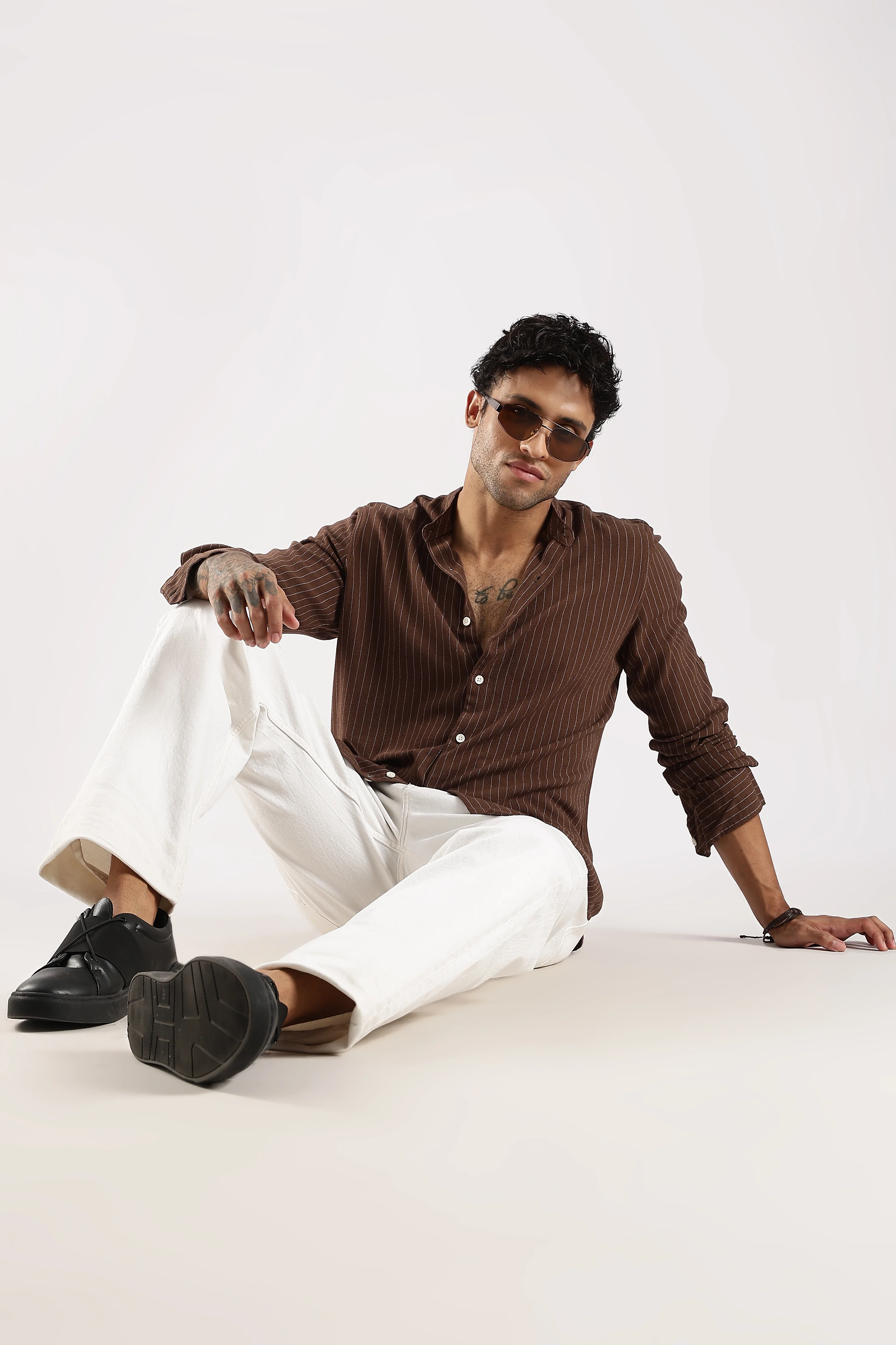 Men Brown Linen Blend Striped Shirt - Image 9