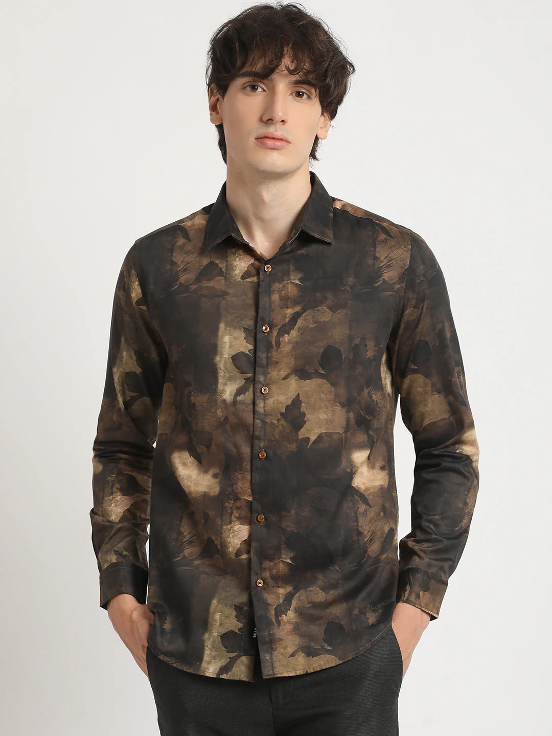 Men  Brown Marble Swirl Pattern Long-Sleeve Slim Fit Casual Shirt - Image 2
