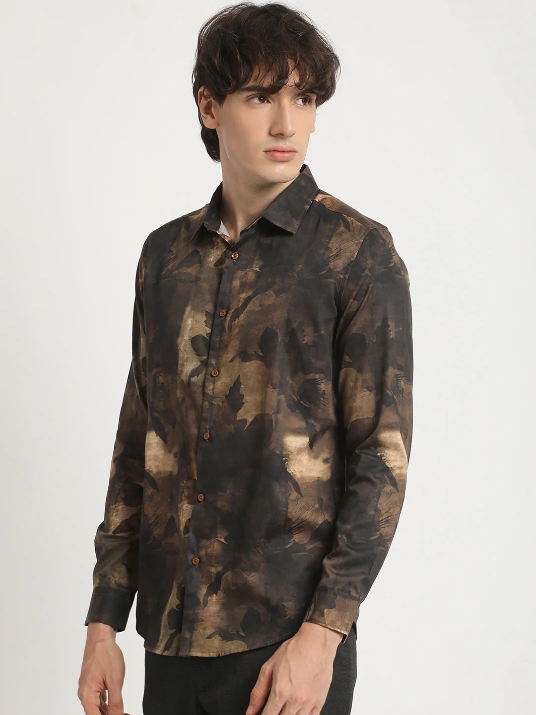 Men  Brown Marble Swirl Pattern Long-Sleeve Slim Fit Casual Shirt - Image 3