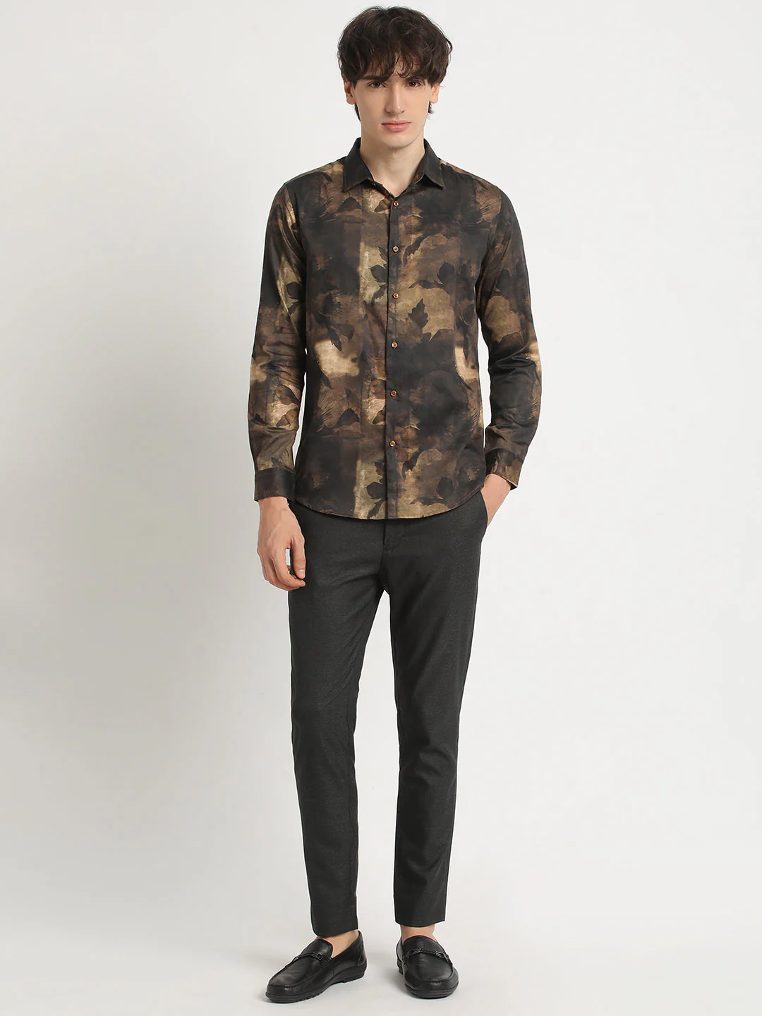 Men  Brown Marble Swirl Pattern Long-Sleeve Slim Fit Casual Shirt - Image 5