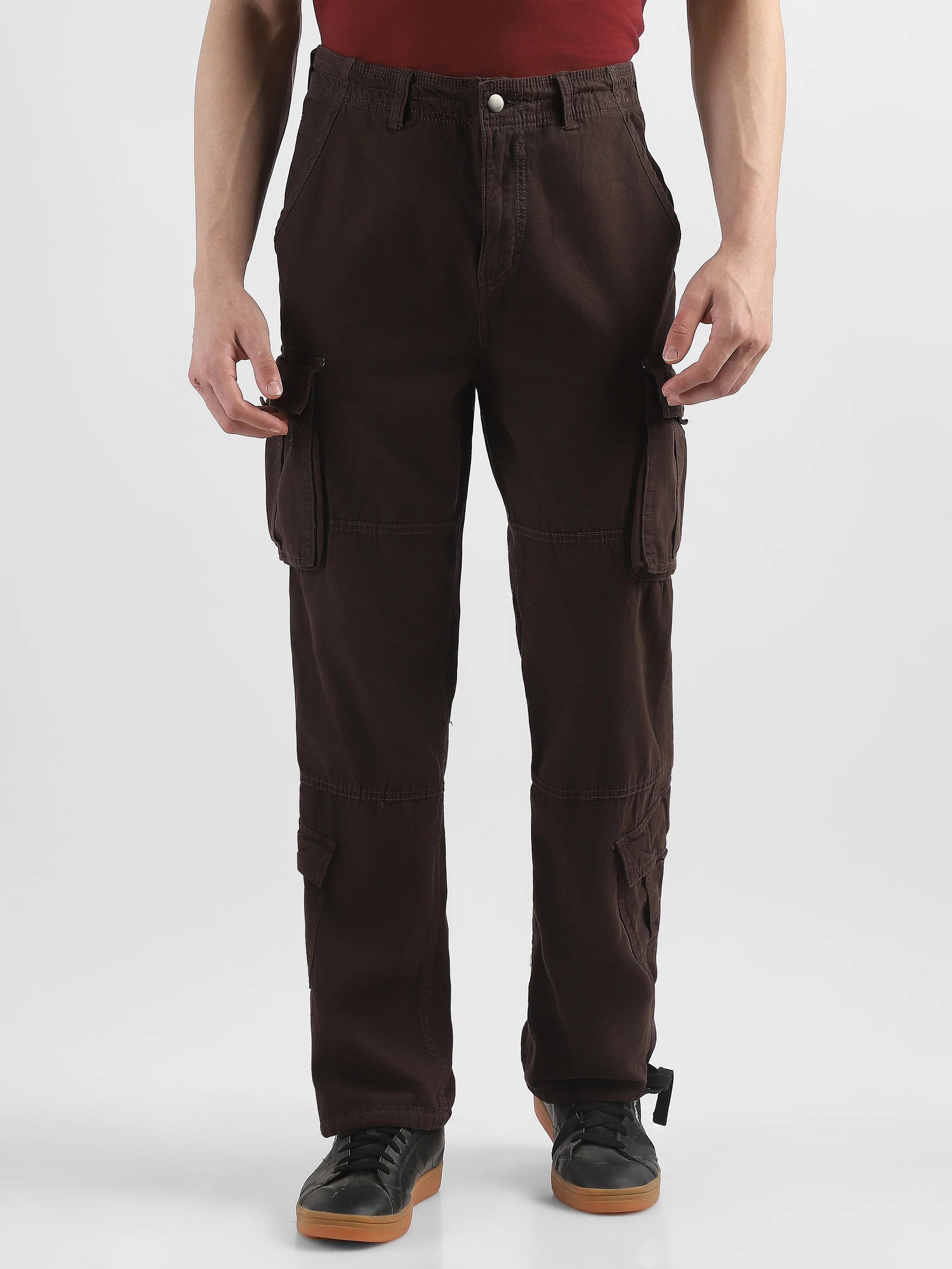 Men Brown Cotton Blend Cargo Pants with 8 Pockets - Image 2