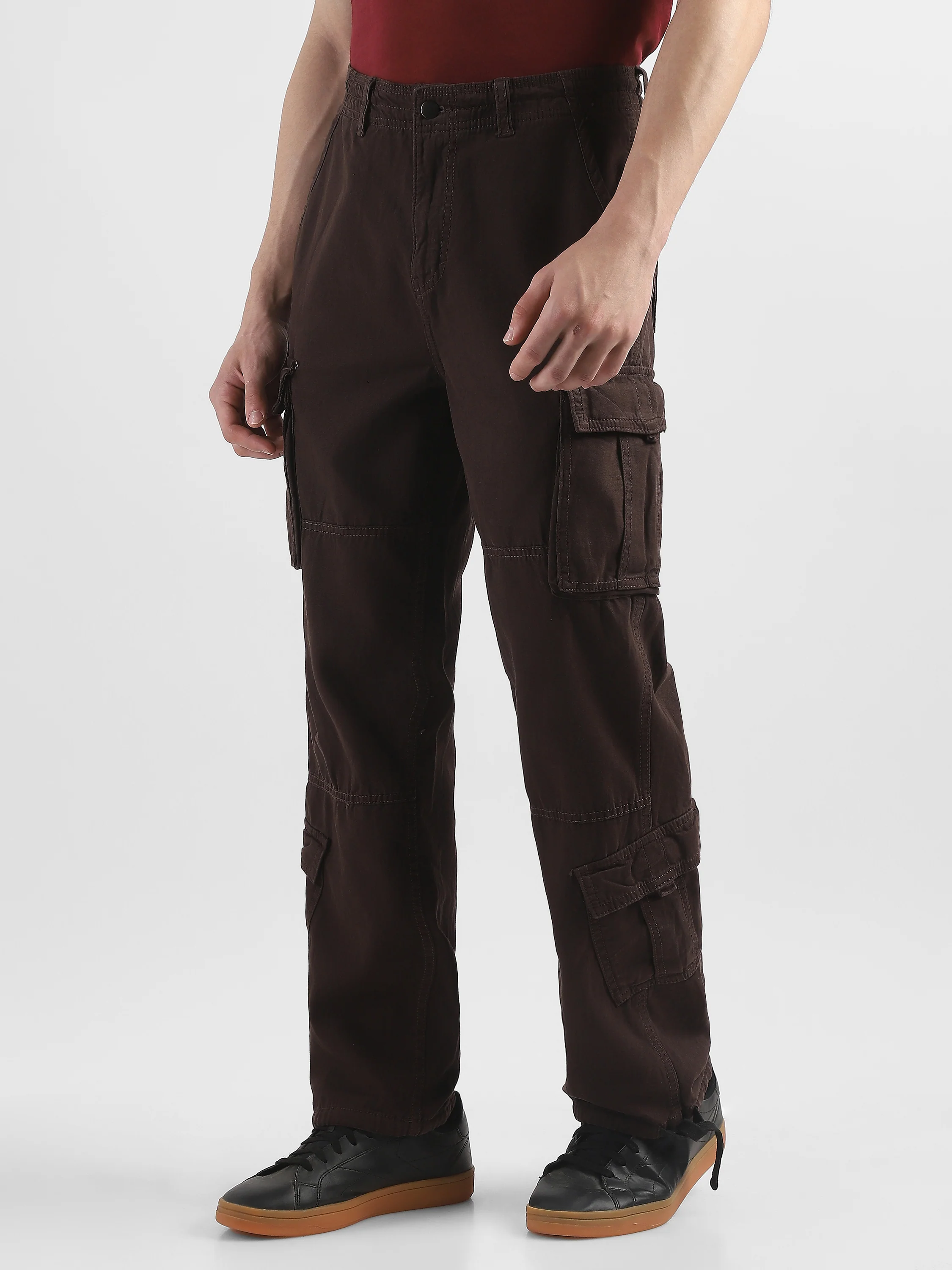 Men Brown Cotton Blend Cargo Pants with 8 Pockets - Image 5
