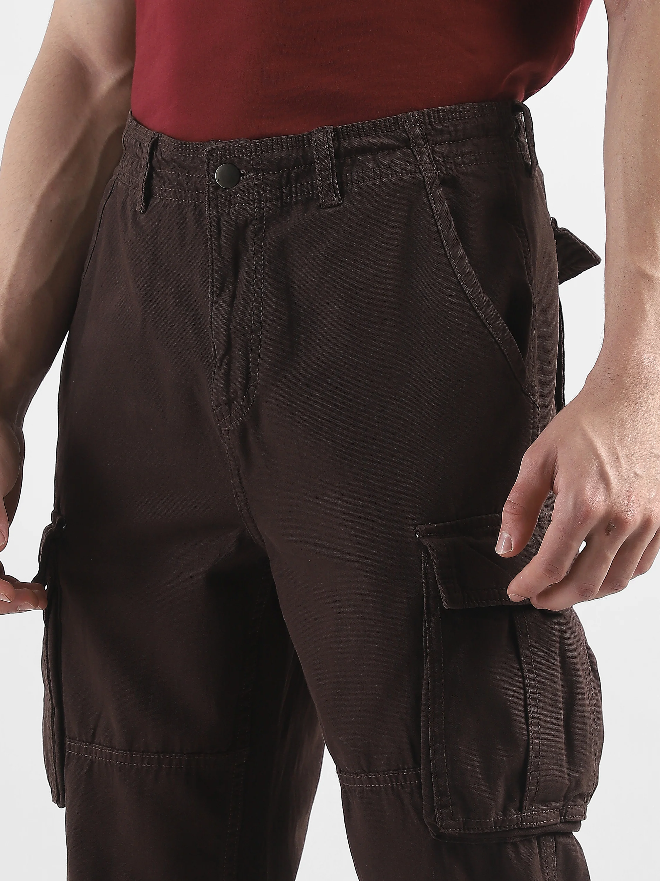 Men Brown Cotton Blend Cargo Pants with 8 Pockets - Image 6