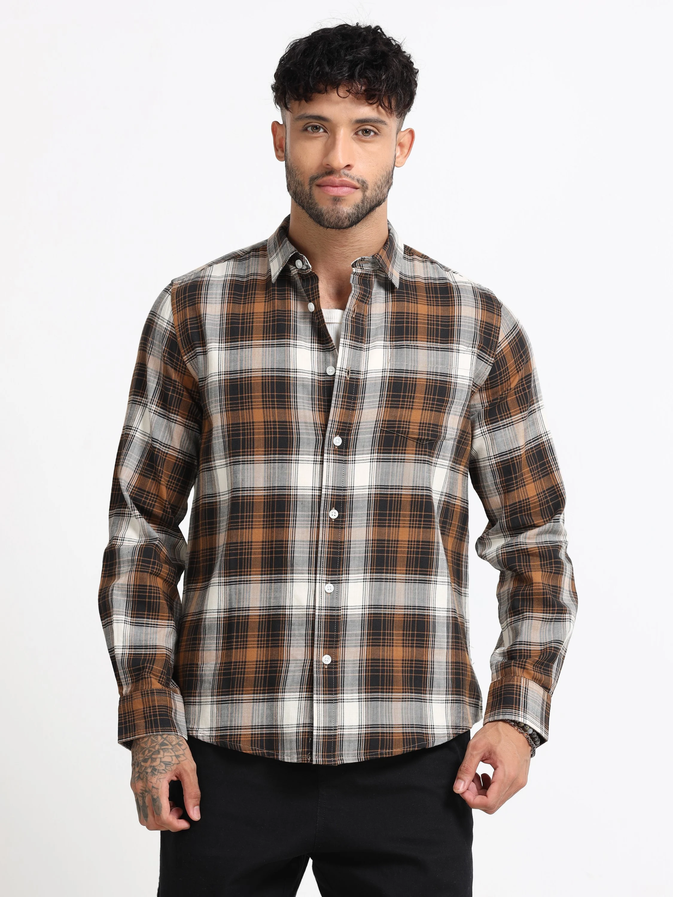 Men Brown Multi Check Shirt - Image 2