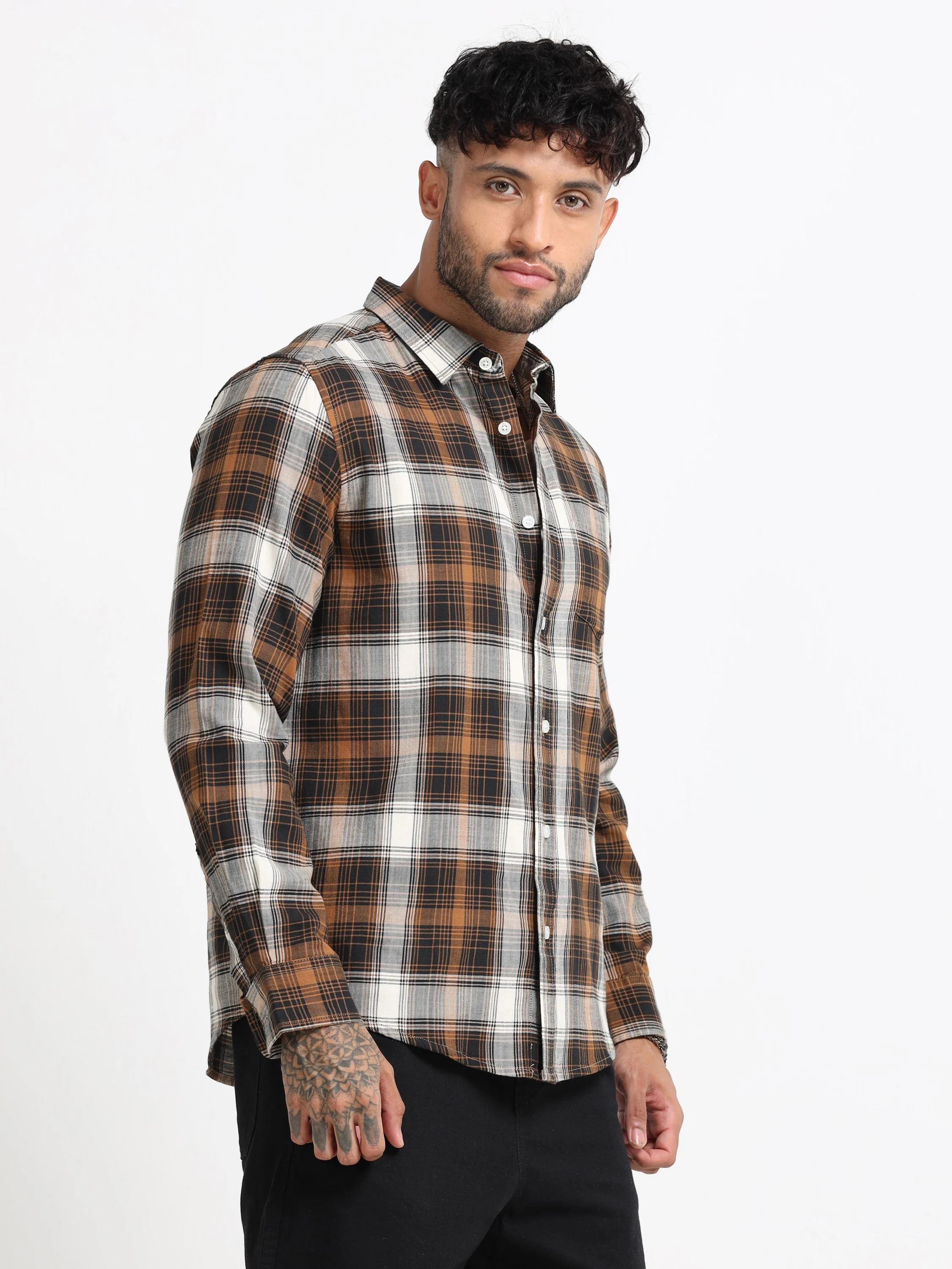 Men Brown Multi Check Shirt - Image 6