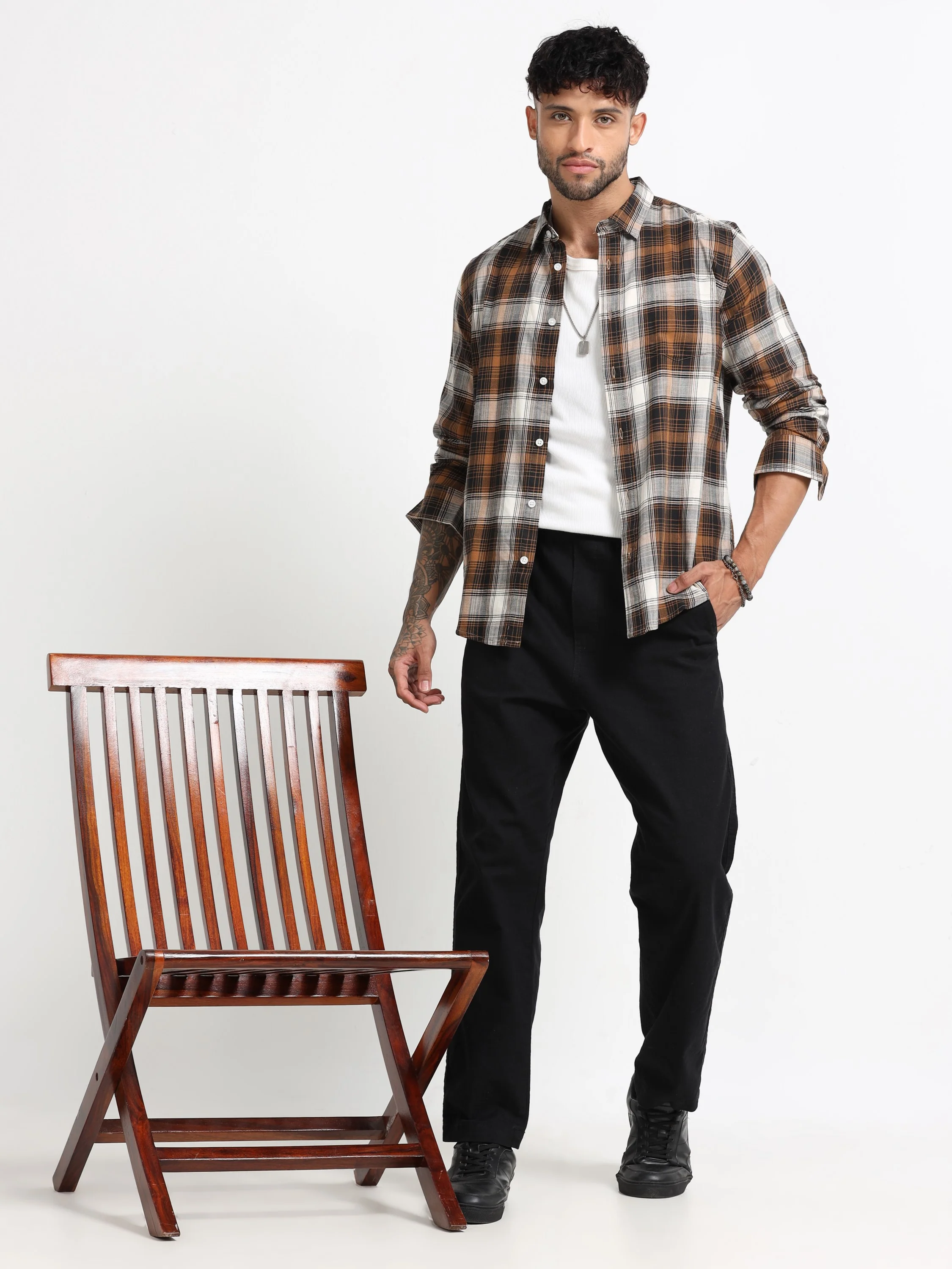 Men Brown Multi Check Shirt - Image 7