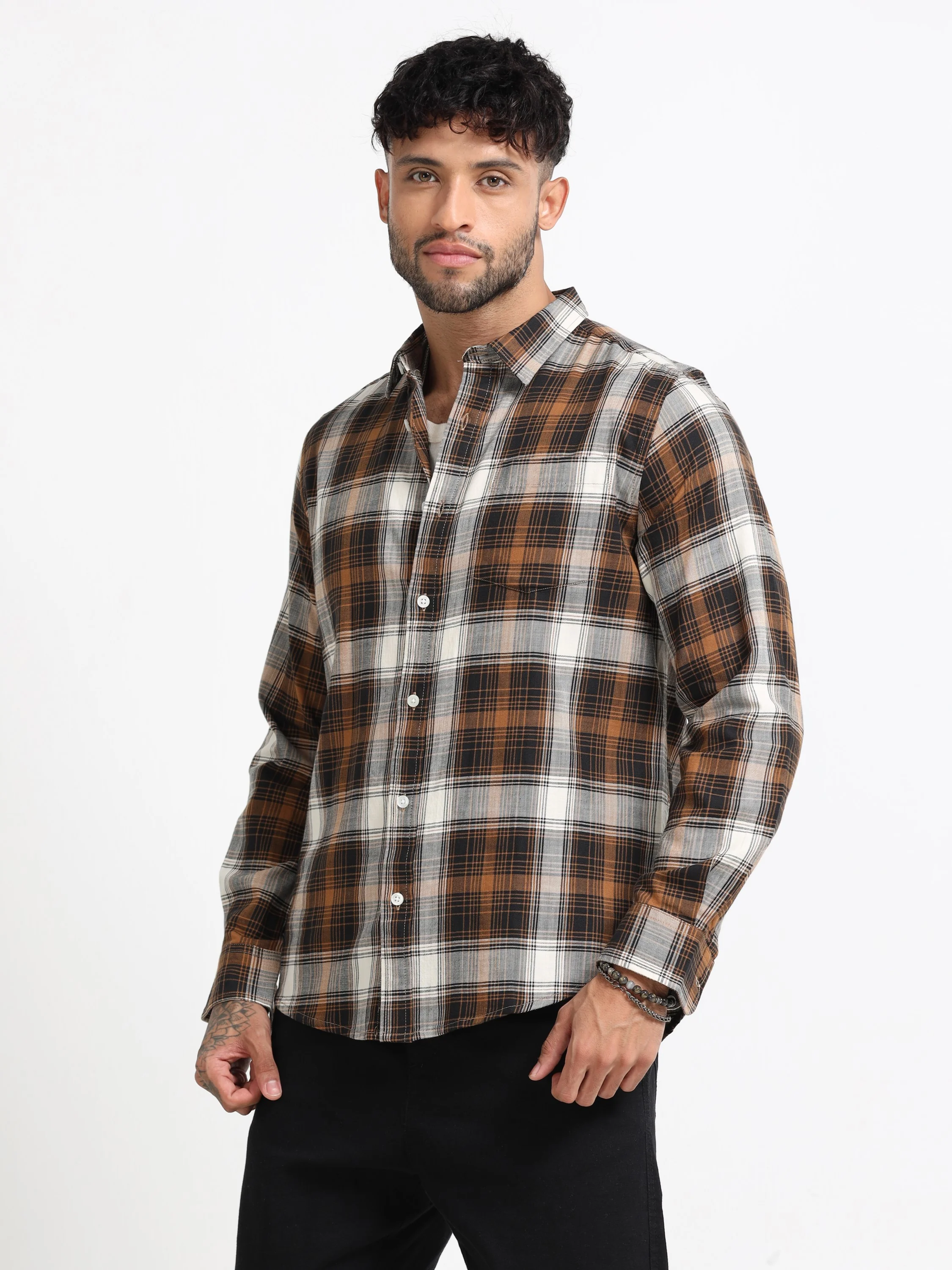 Men Brown Multi Check Shirt - Image 8