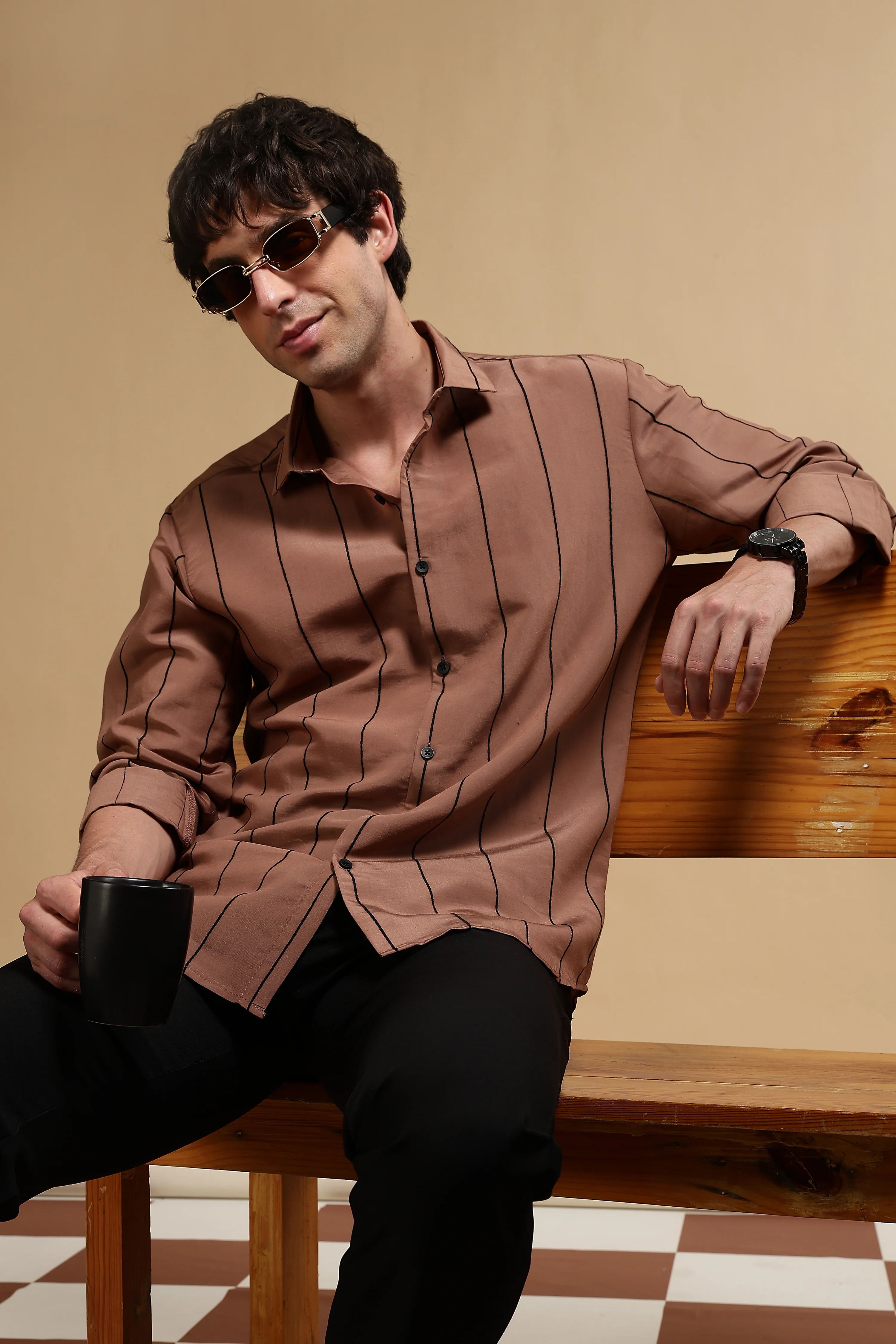 Men Brown Nylon Slim Fit Striped Shirt - Image 10