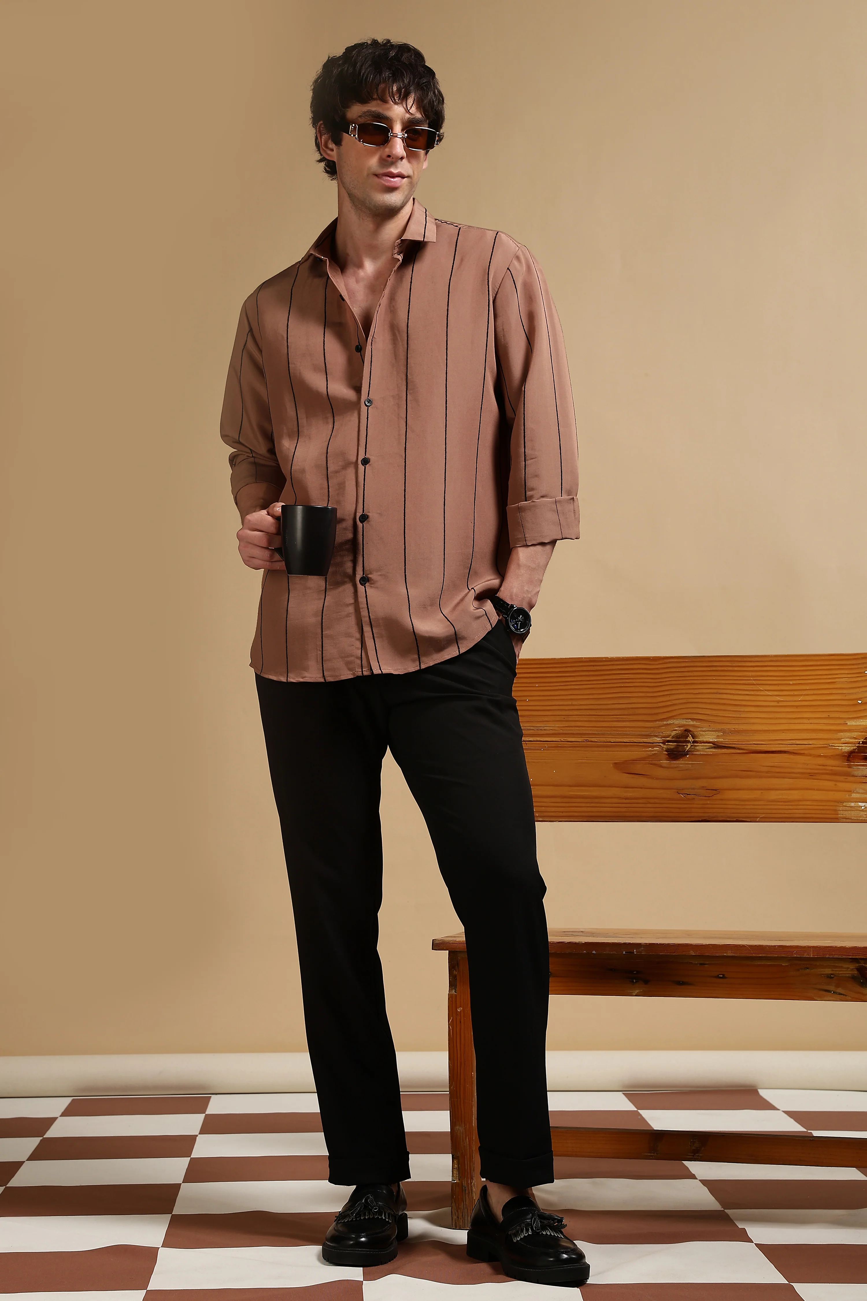 Men Brown Nylon Slim Fit Striped Shirt - Image 2