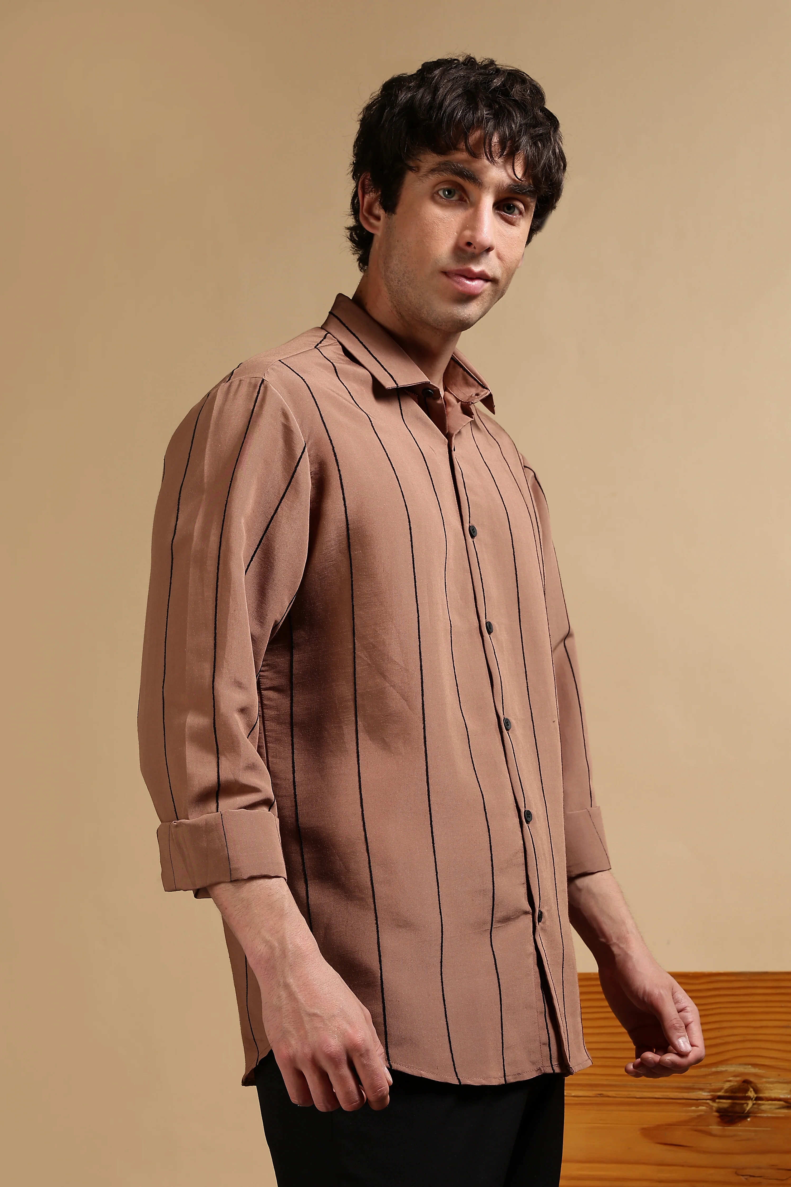 Men Brown Nylon Slim Fit Striped Shirt - Image 3