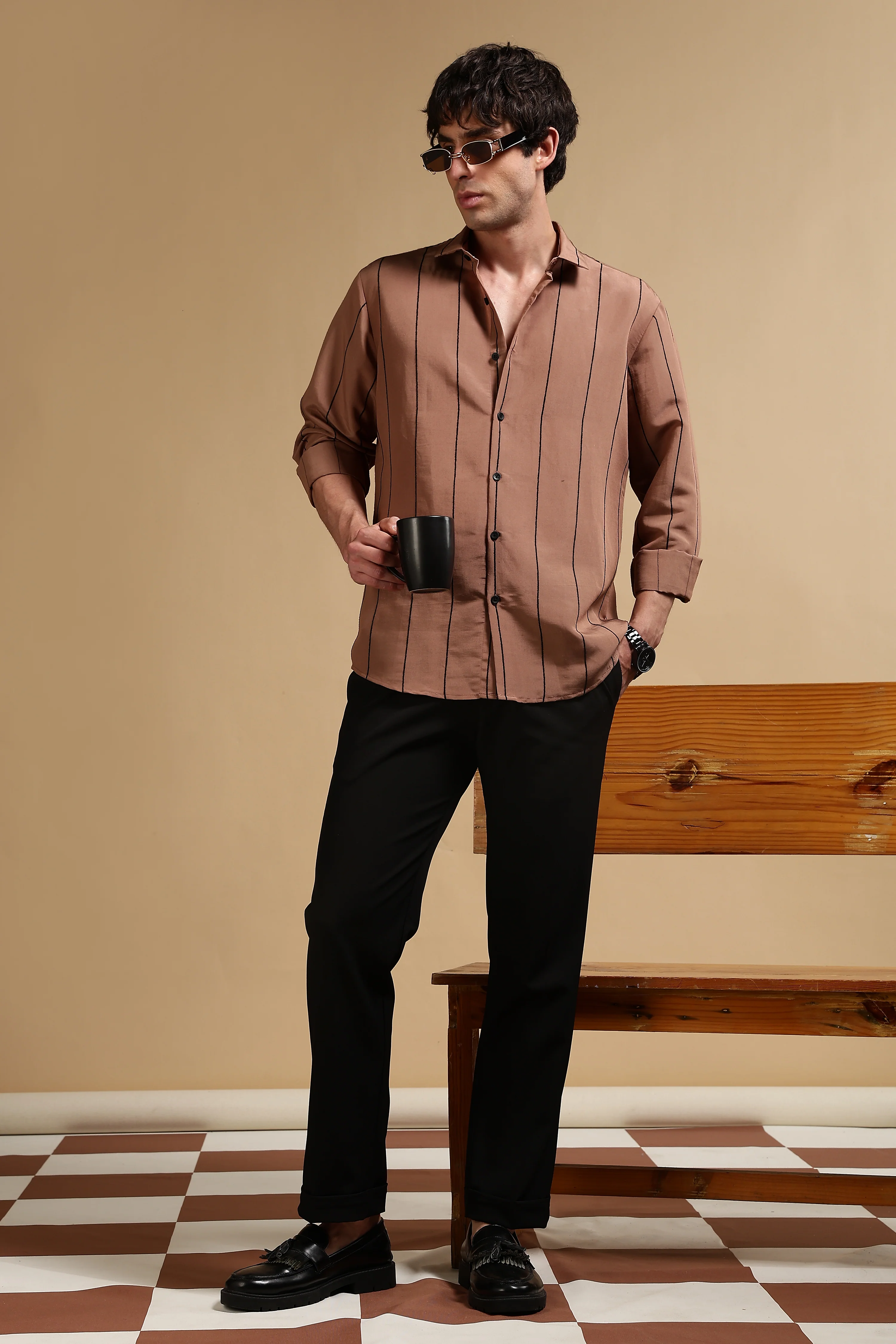 Men Brown Nylon Slim Fit Striped Shirt - Image 8