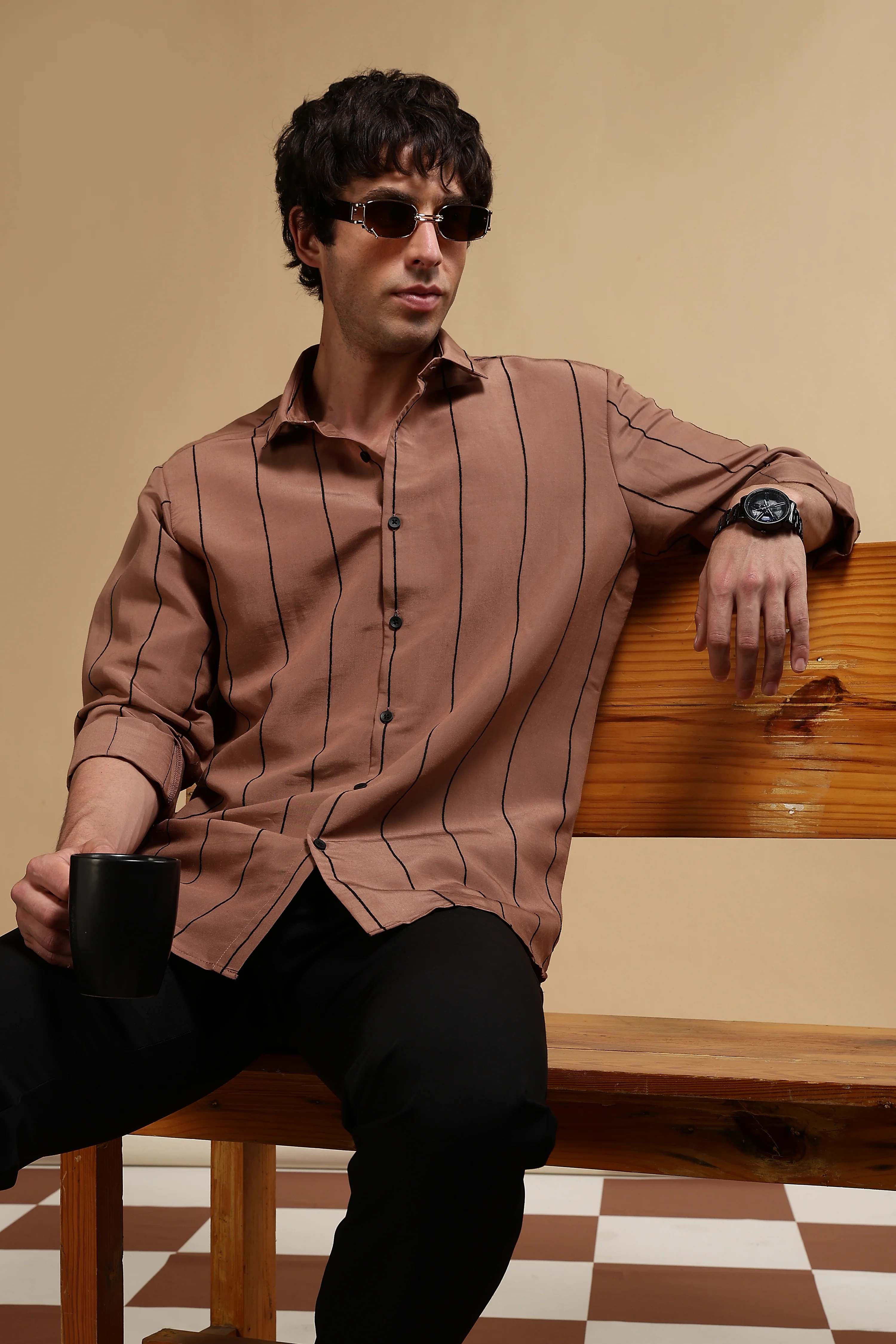 Men Brown Nylon Slim Fit Striped Shirt - Image 9