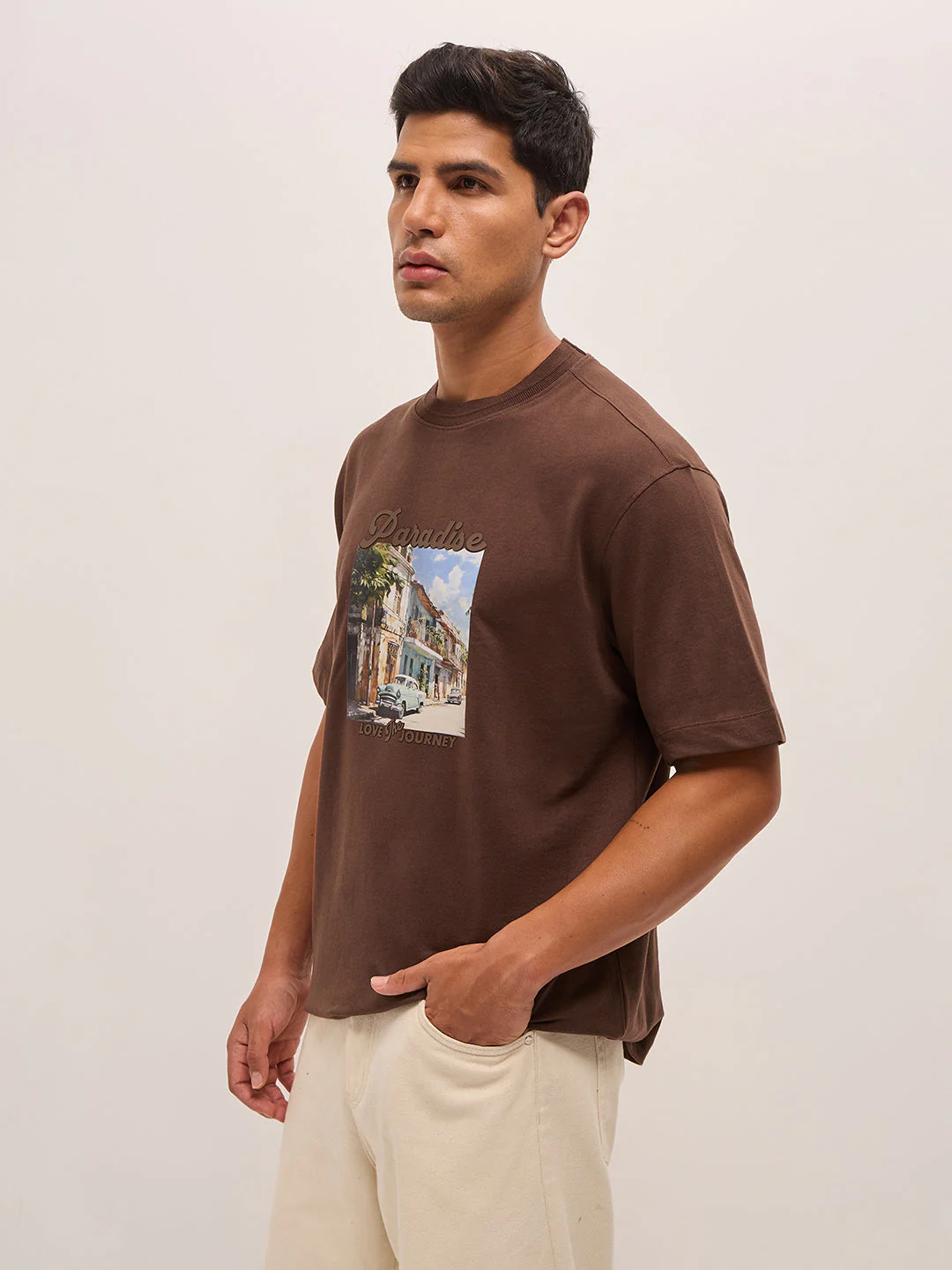 Men Brown Oversize Graphic Printed Crew Neck T-shirt - Image 3