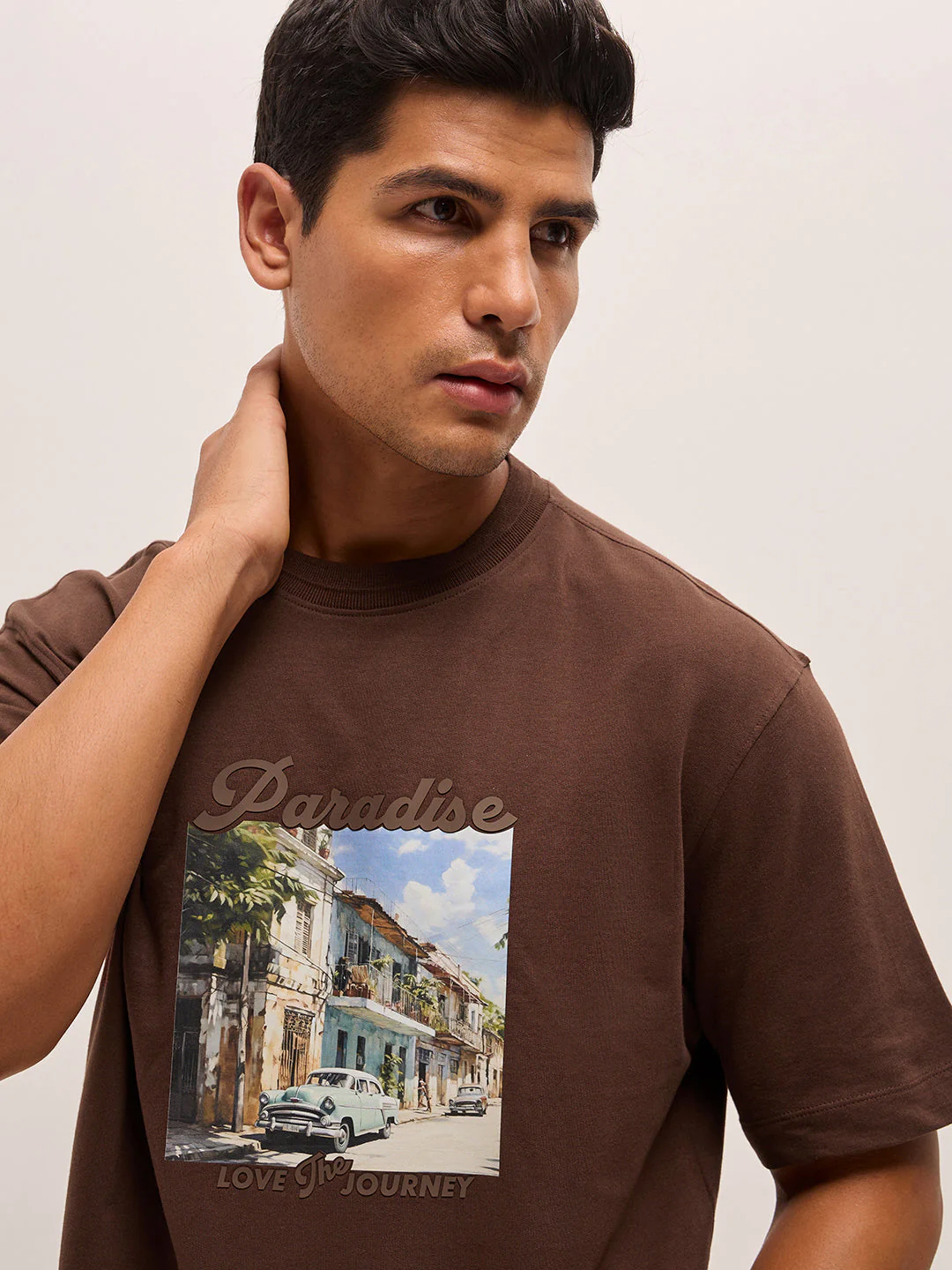 Men Brown Oversize Graphic Printed Crew Neck T-shirt - Image 5