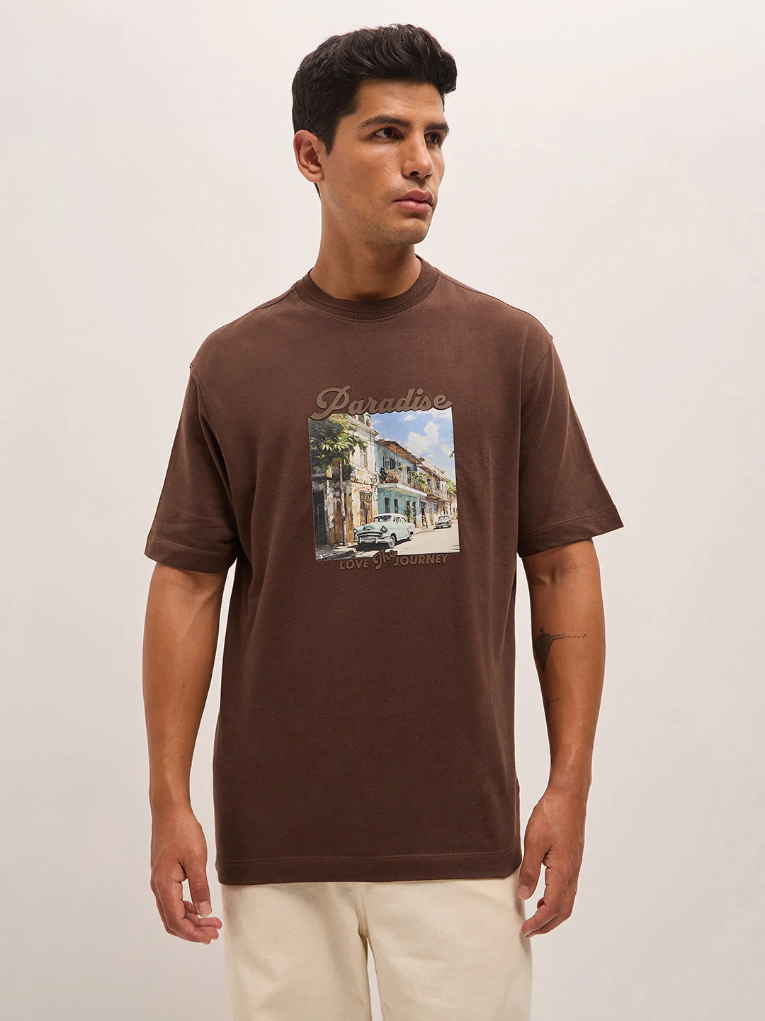 Men Brown Oversize Graphic Printed Crew Neck T-shirt - Image 6