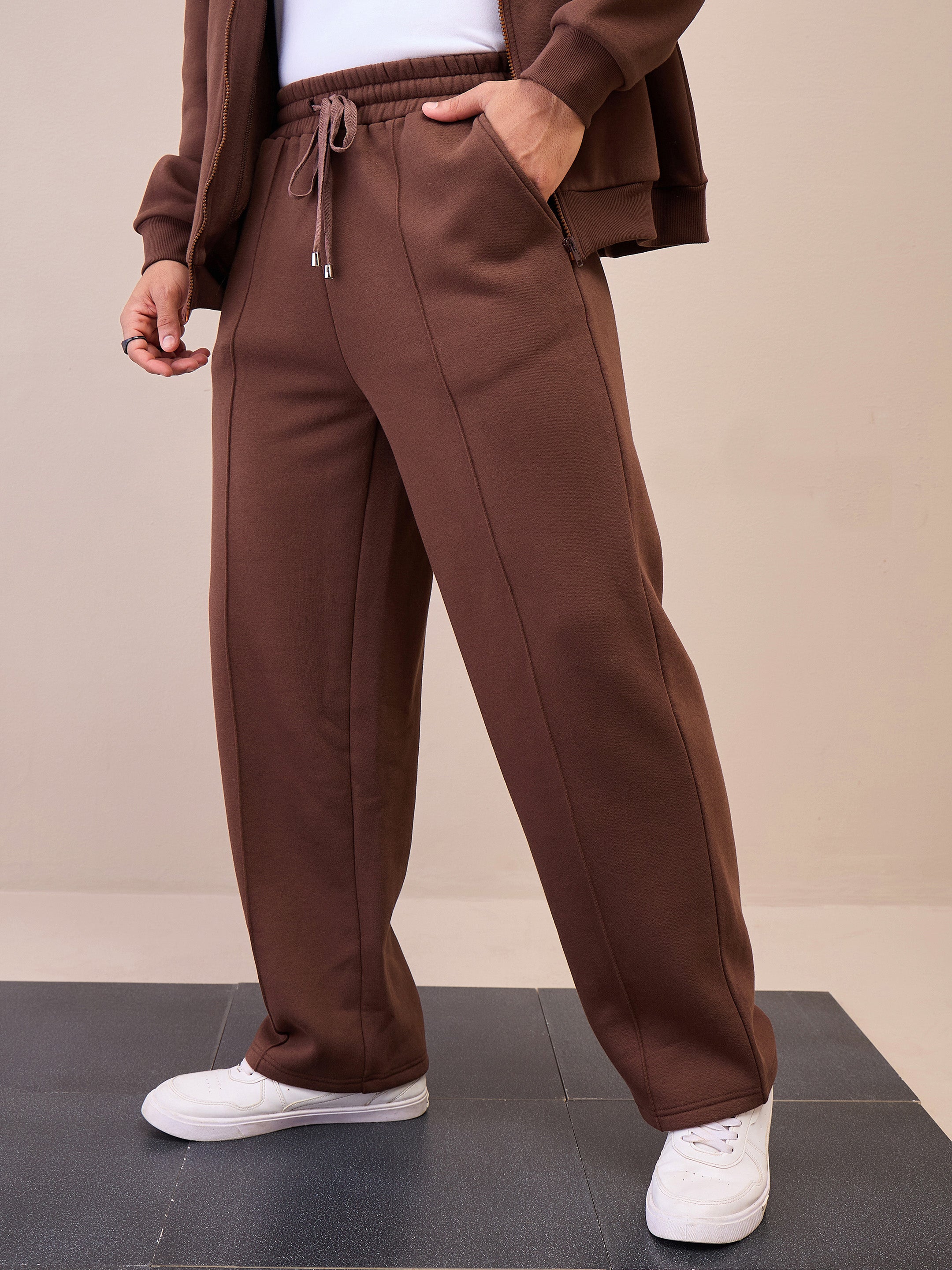 Men Brown Pintuck Oversized Sweatpants - Image 5