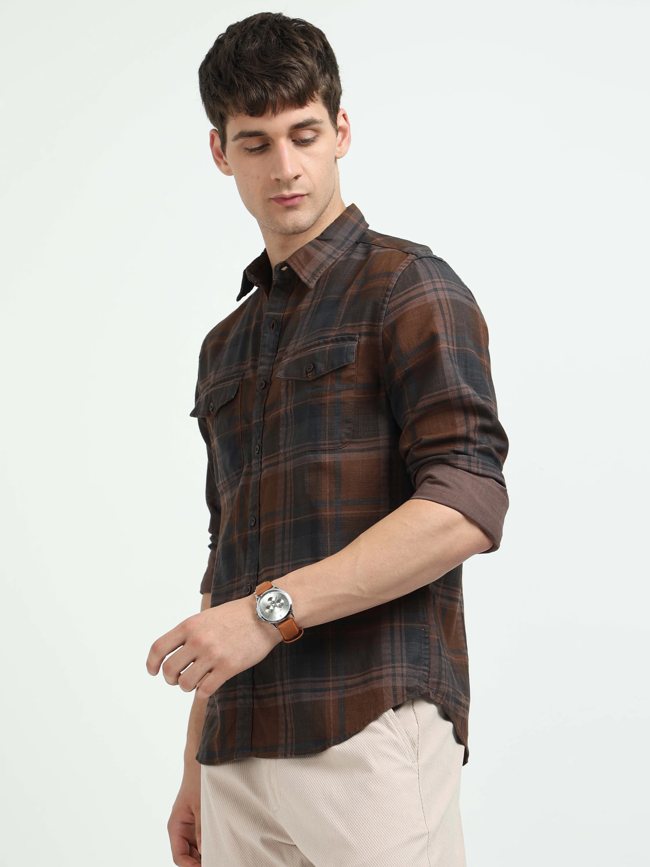 Men Brown Plaid Regular Fit Shirt - Image 2