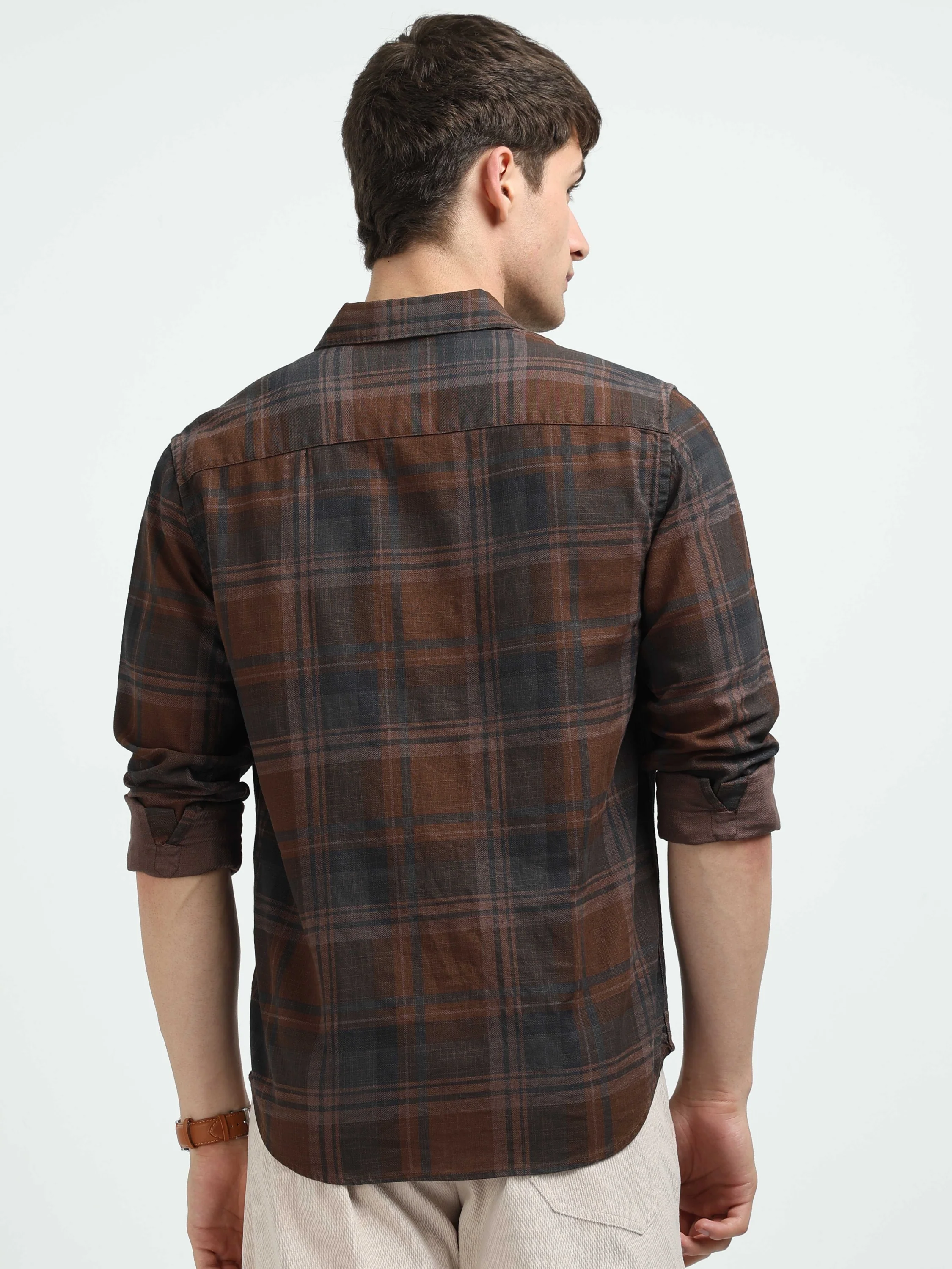 Men Brown Plaid Regular Fit Shirt - Image 3