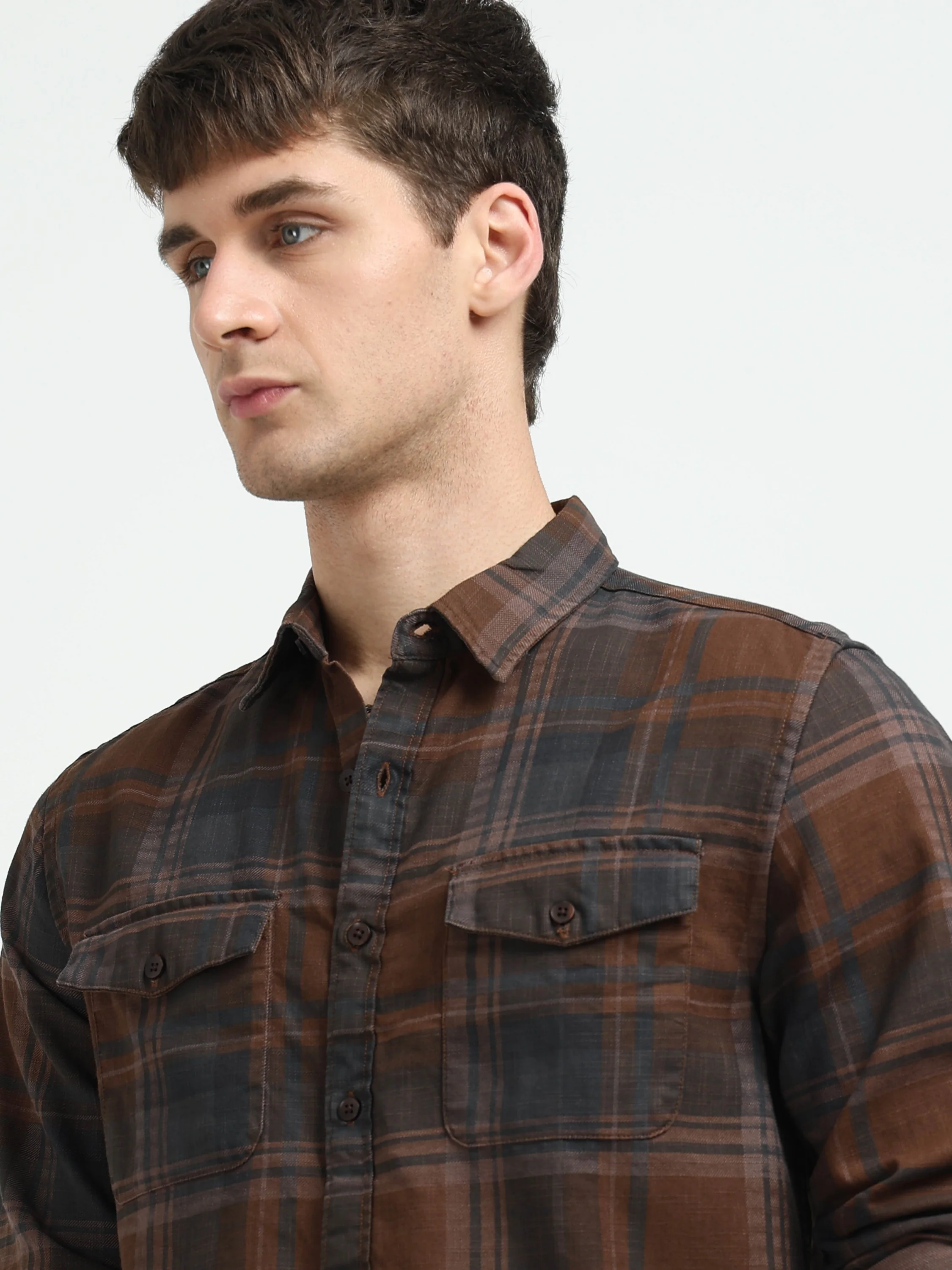 Men Brown Plaid Regular Fit Shirt - Image 5