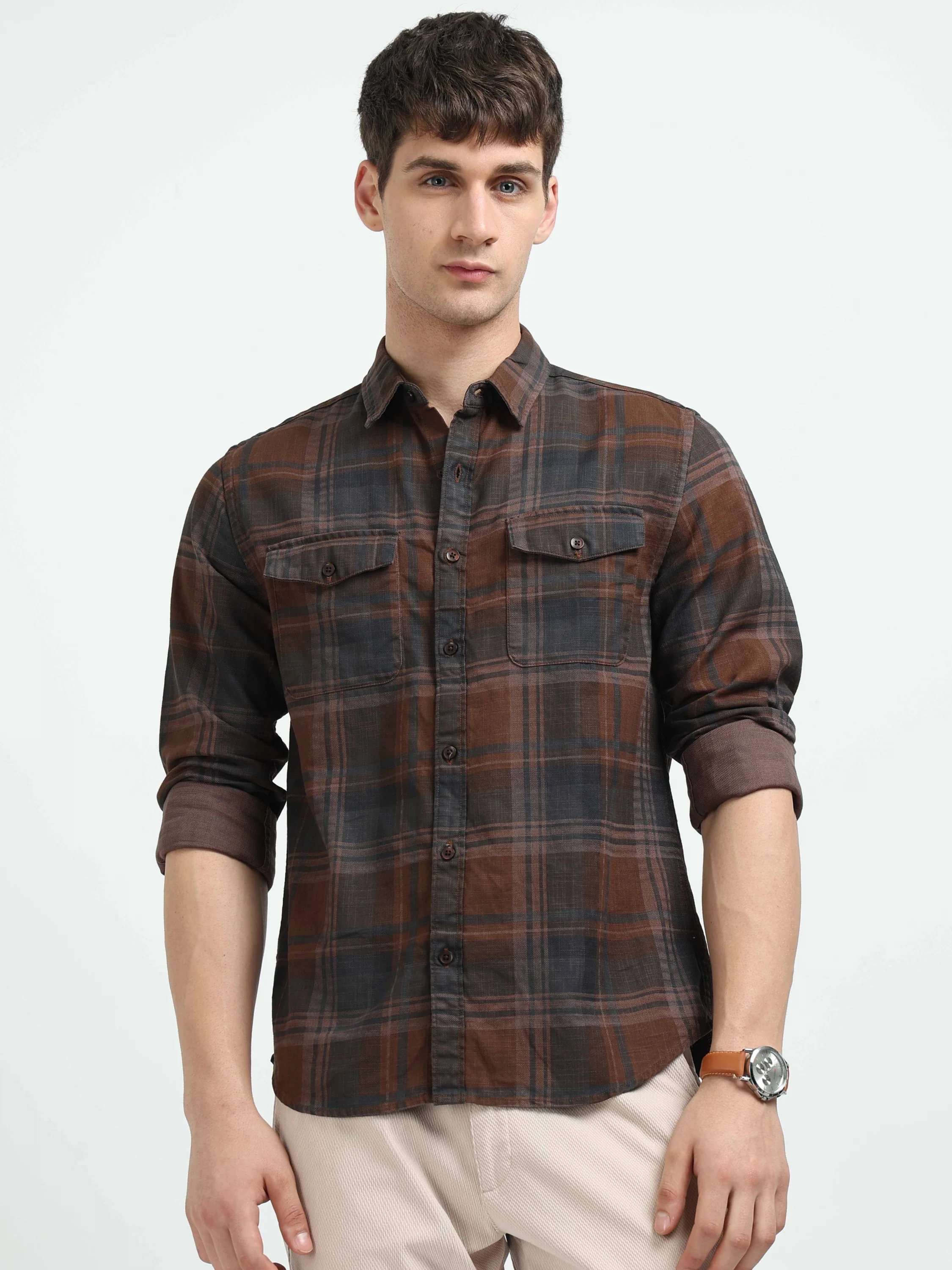 Men Brown Plaid Regular Fit Shirt - Image 6