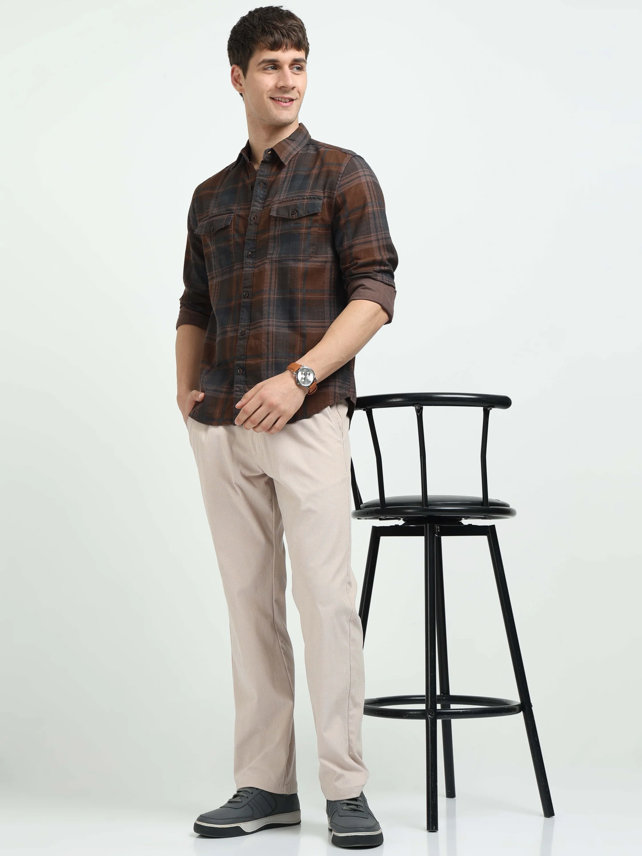 Men Brown Plaid Regular Fit Shirt - Image 7