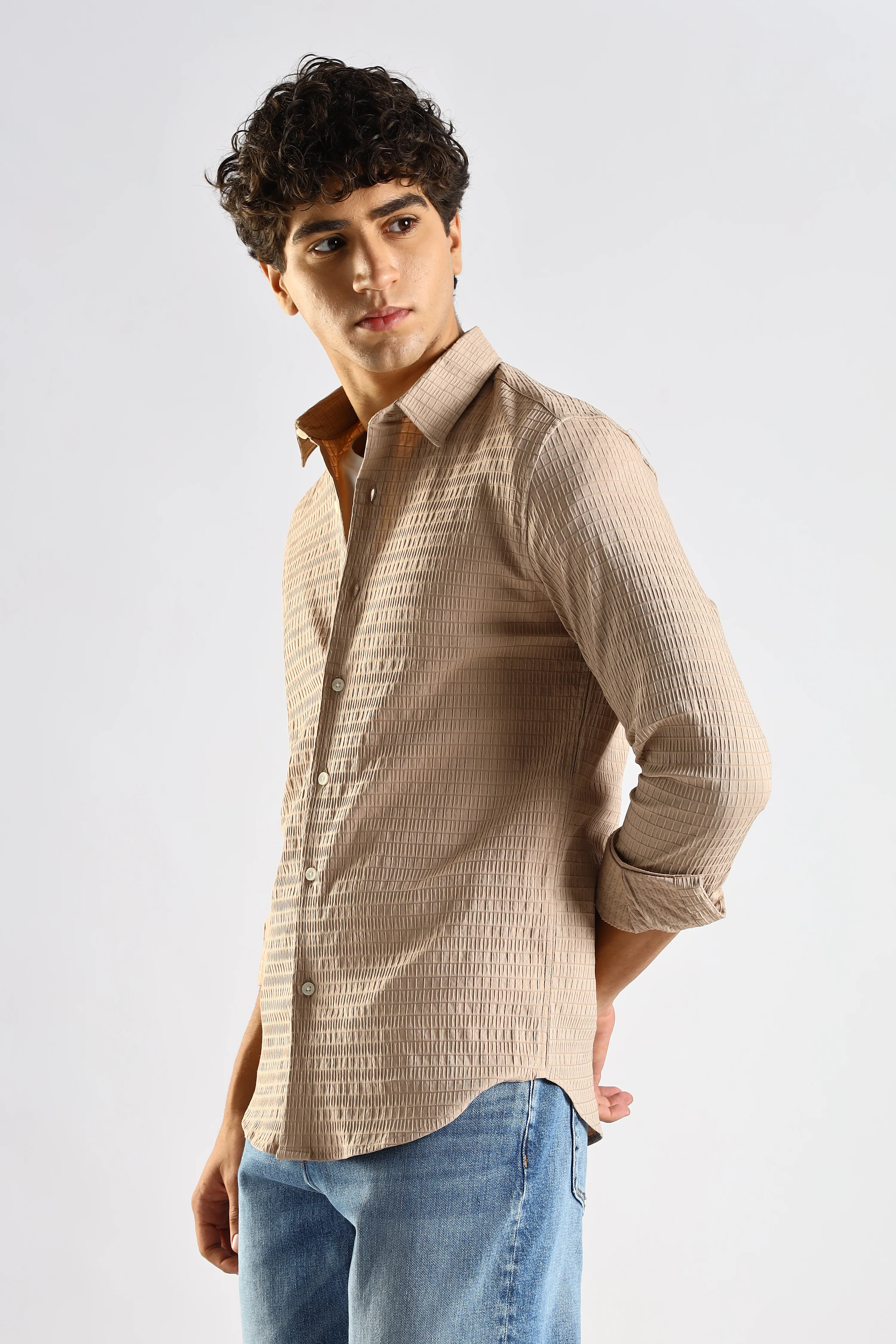 Men Brown Poly Blend Slim Fit Shirt - Image 3