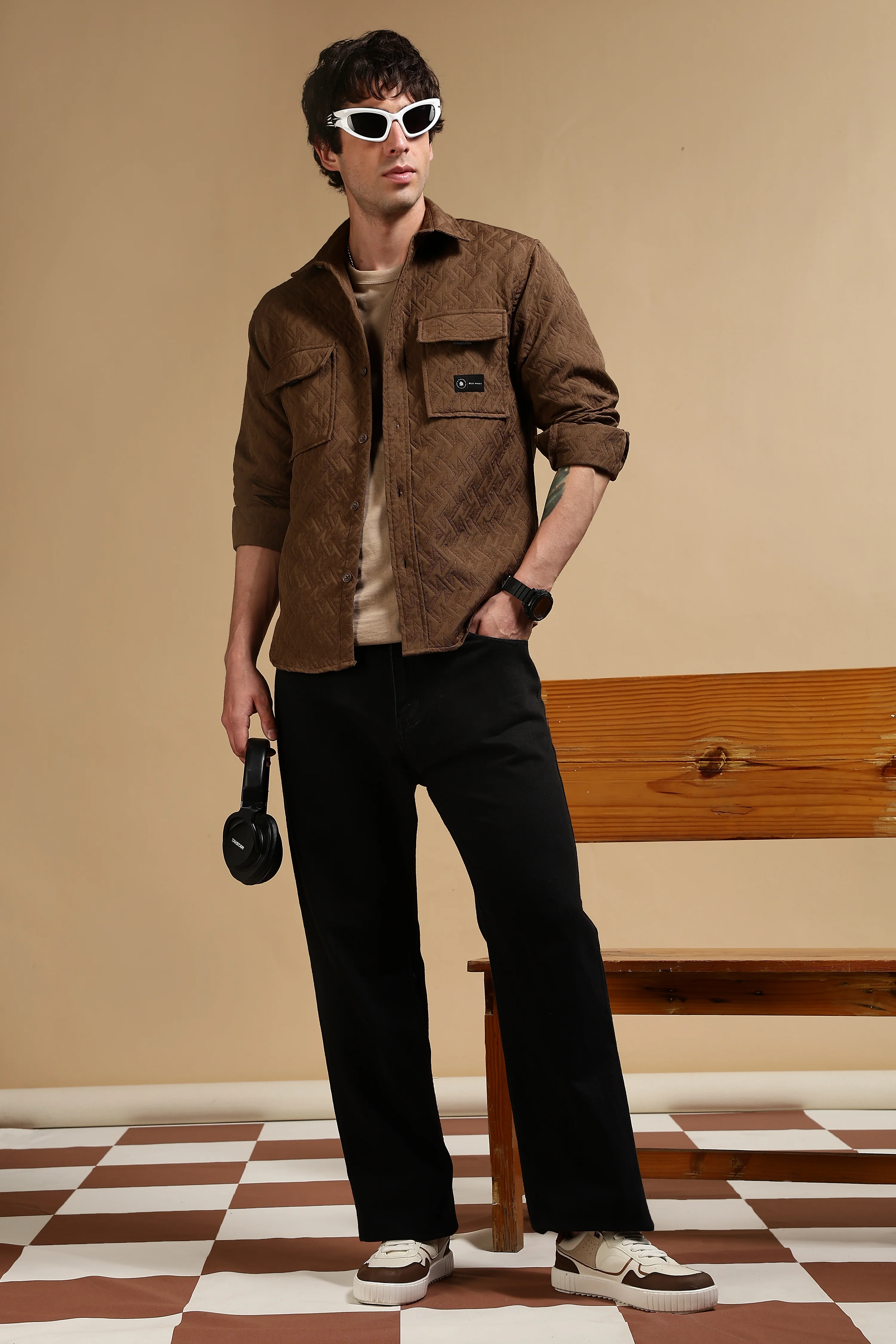 Men Brown Poly Cotton Shacket - Image 2
