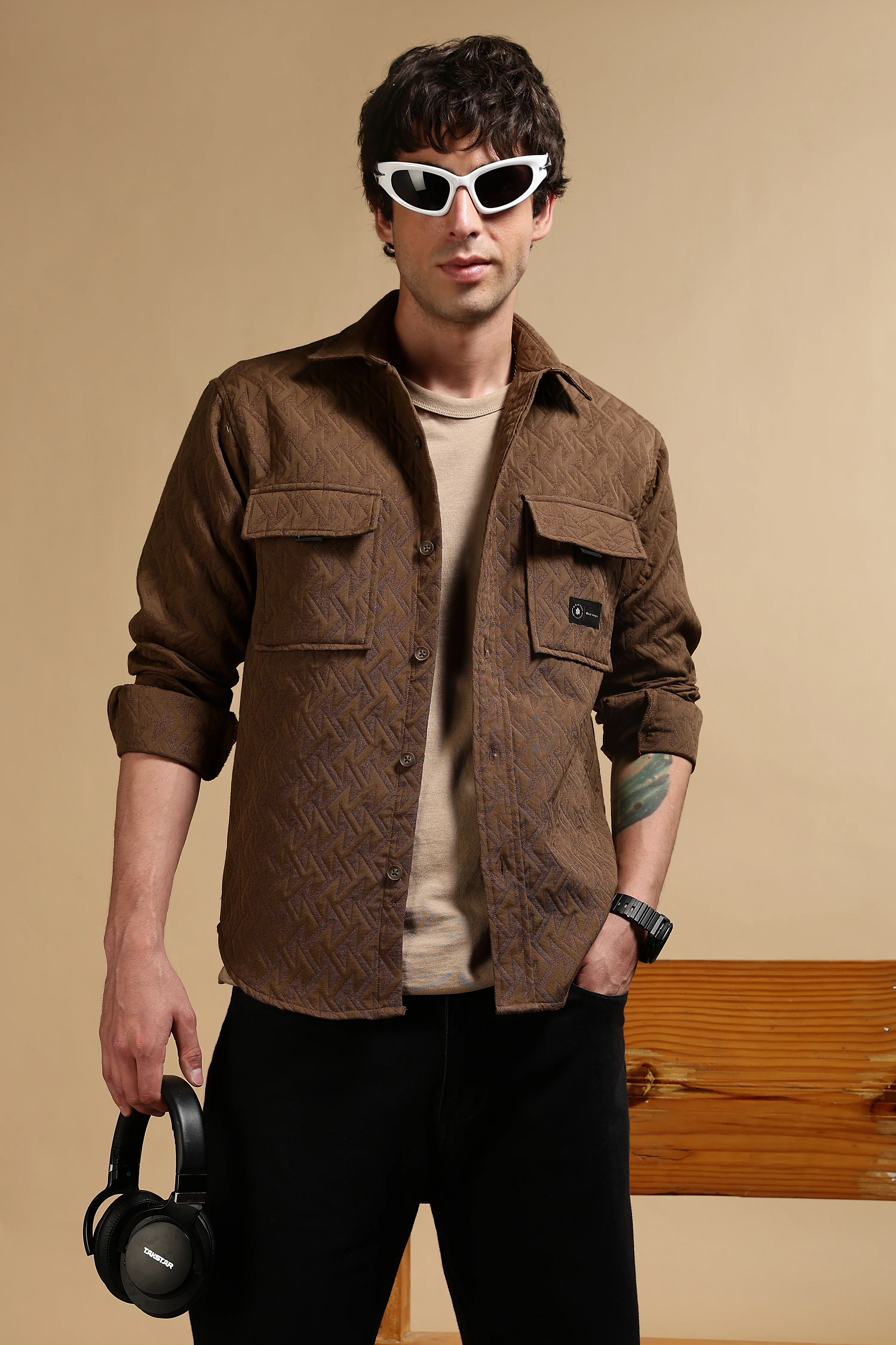 Men Brown Poly Cotton Shacket - Image 3