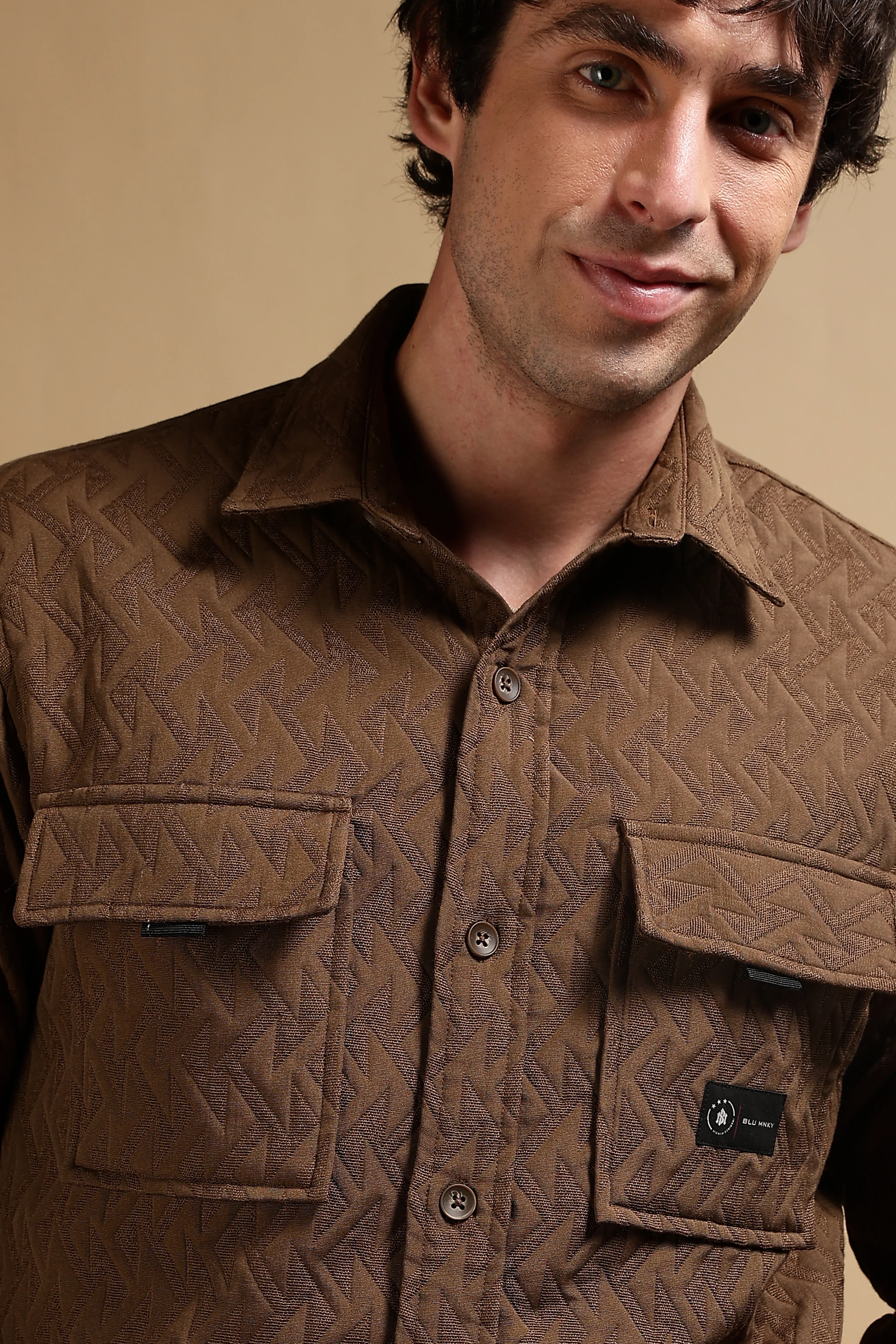 Men Brown Poly Cotton Shacket - Image 4