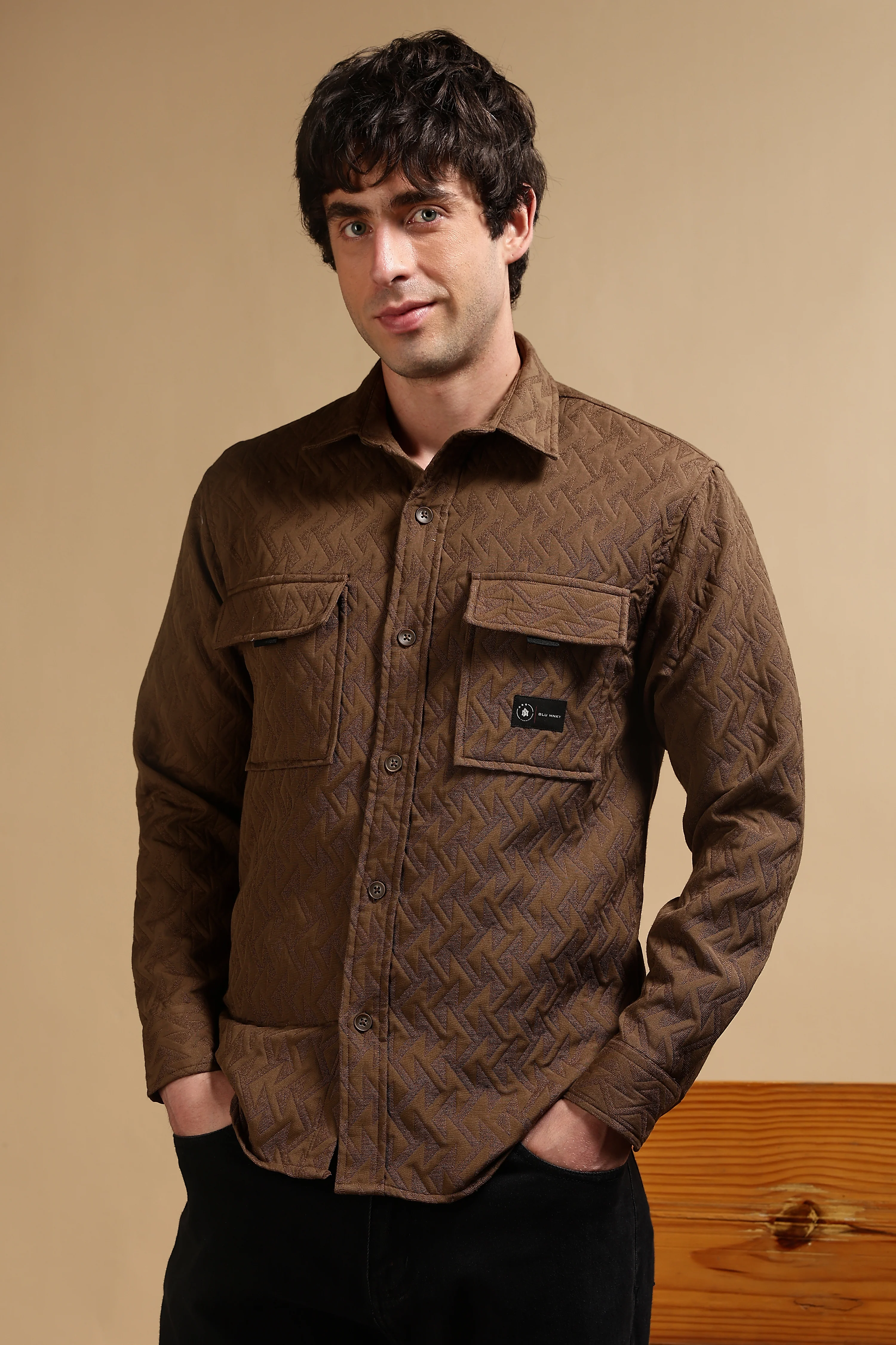 Men Brown Poly Cotton Shacket - Image 6
