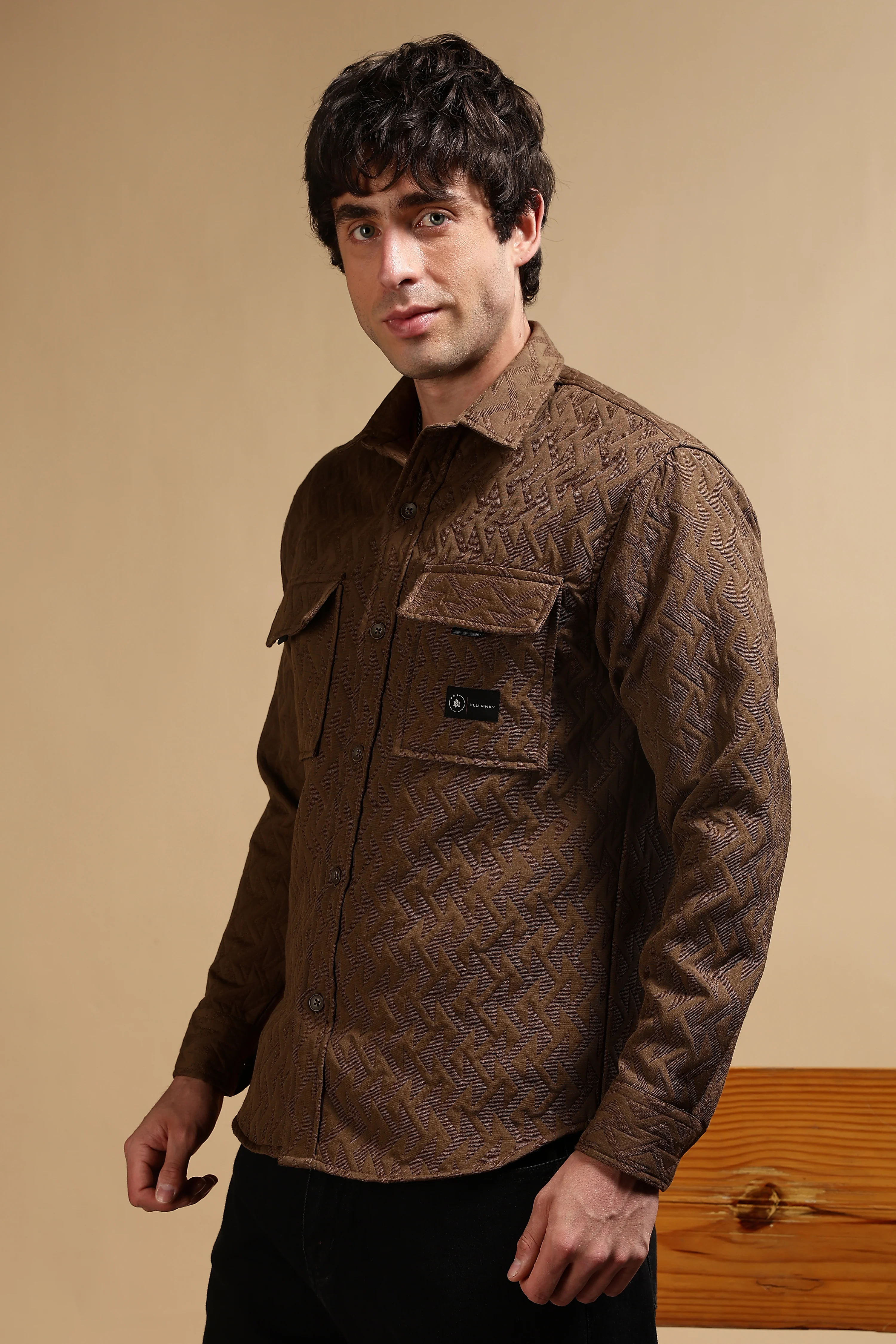 Men Brown Poly Cotton Shacket - Image 7